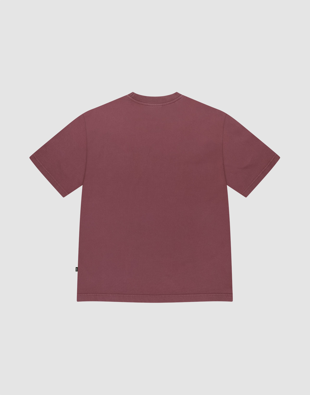 The LIVE FAST DIE YOUNG Basic +49 Tee, a solid burgundy oversize fit crew neck with short sleeves, is shown from the back on a flat white background.