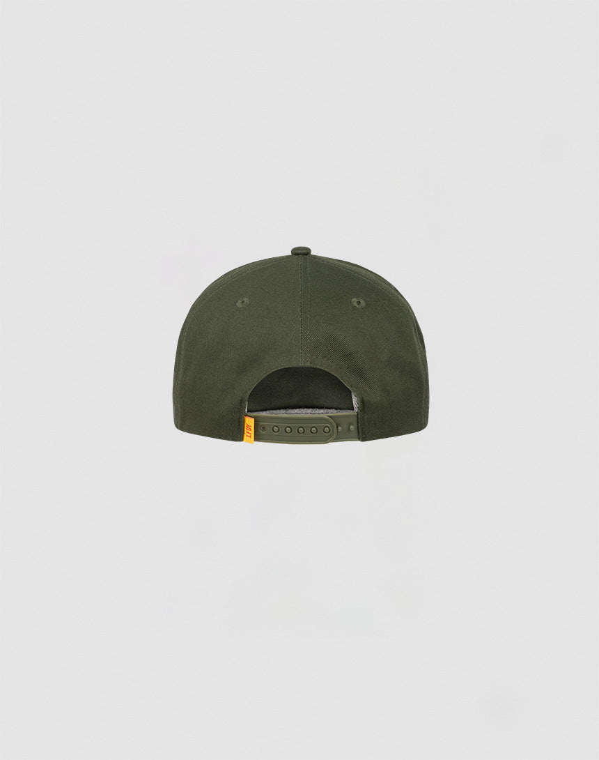 The Live Fast Unstructured Cap by LIVE FAST DIE YOUNG is a green baseball cap with a snapback closure and a yellow Flag Label on the left, made from 100% Baumwolle. Shown from the back against a light background.