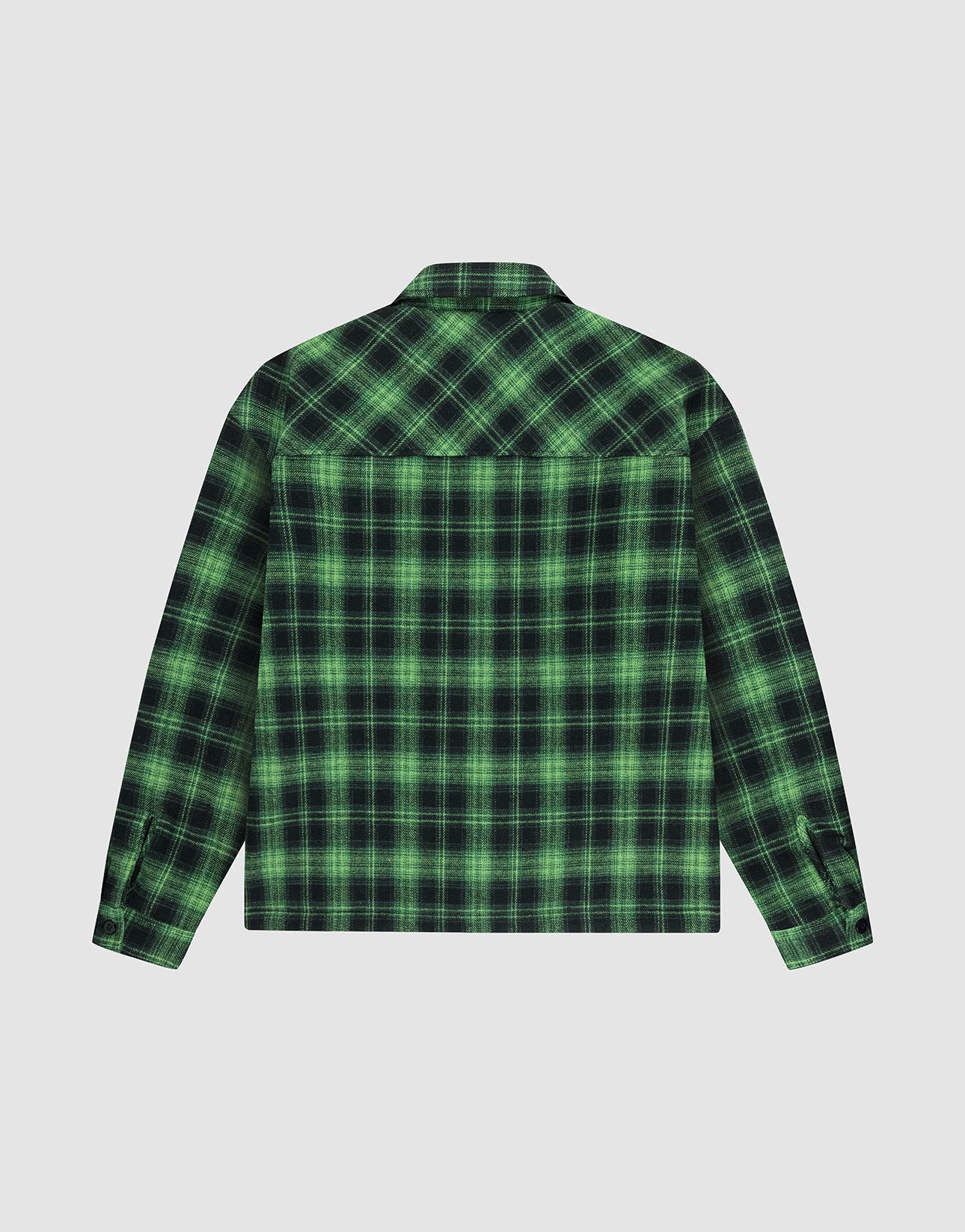The LIVE FAST DIE YOUNG LFDY Padded Flannel is a green and black plaid overshirt with long sleeves and chest pockets, shown from the back and laid flat on a light gray background.