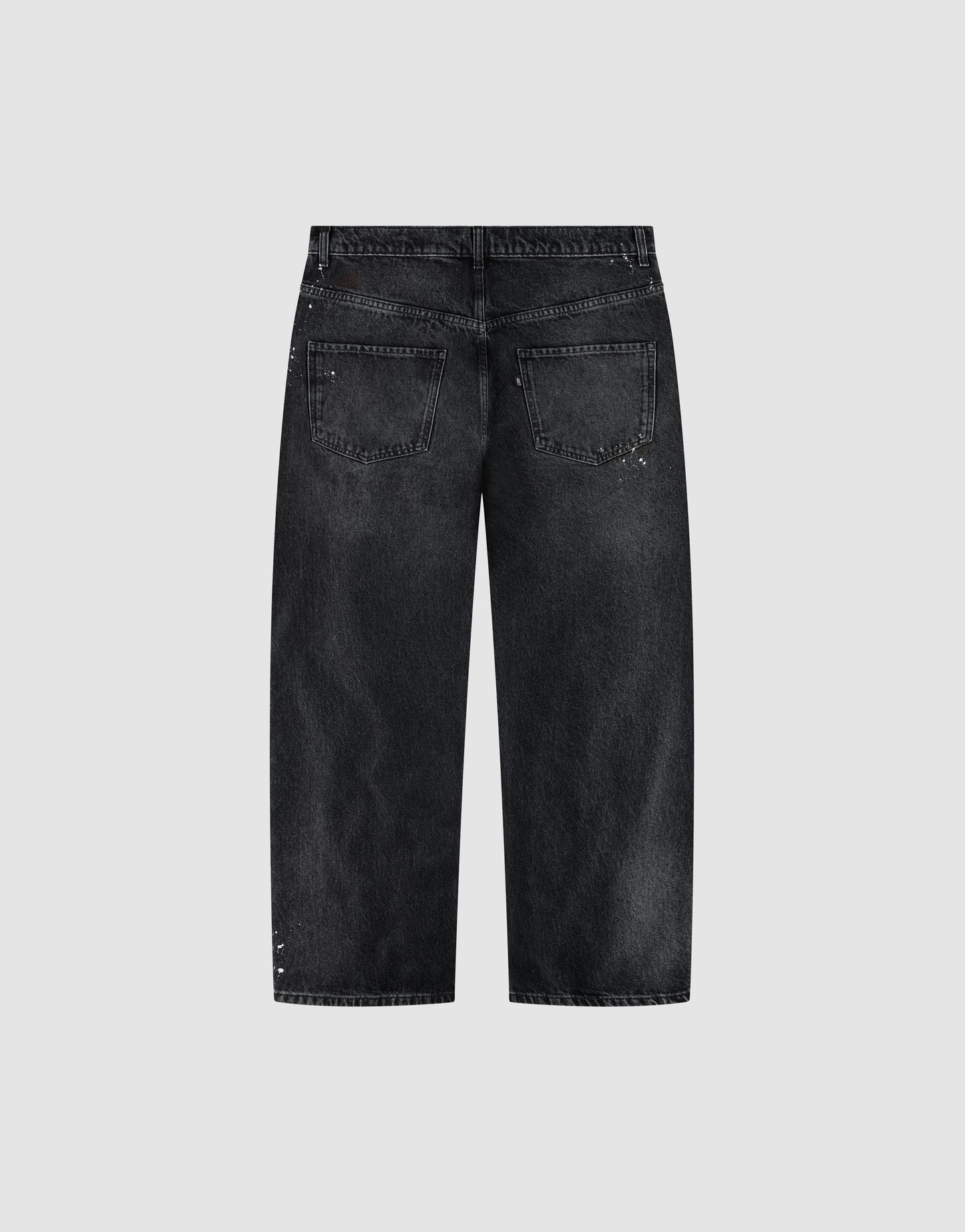 Back view of LIVE FAST DIE YOUNG LFDY Baggy Denim jeans in black, showcasing two back pockets, visible stitching, and a wide straight leg silhouette on a plain light gray background.