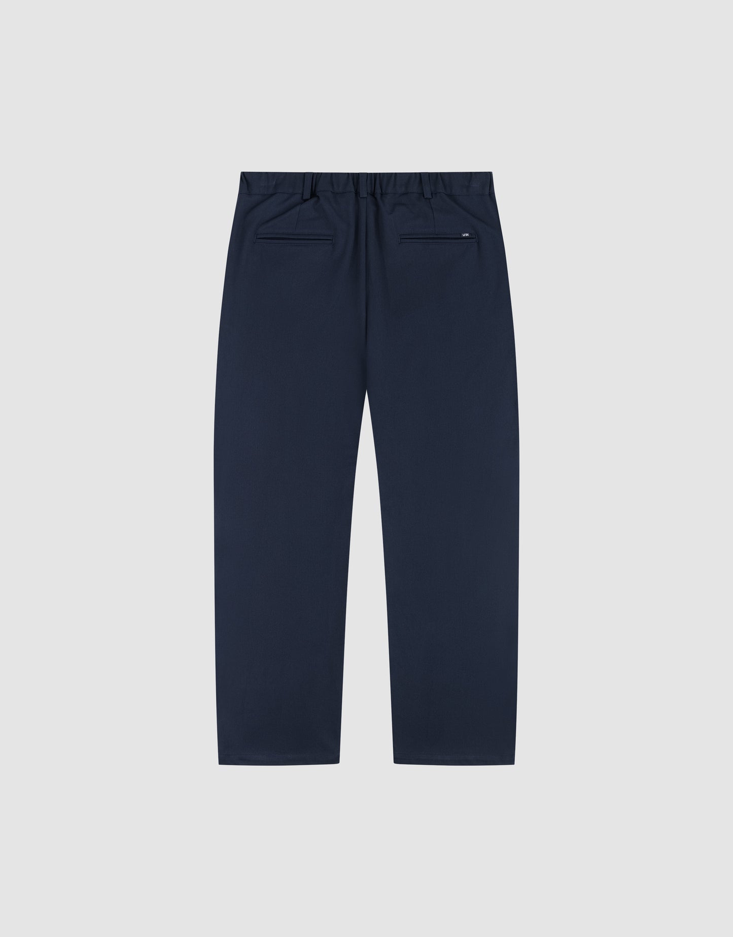 LIVE FAST DIE YOUNG Wide Casual Pants in navy blue, featuring an elastic waistband, straight leg cut, and two back welt pockets, shown flat on a light gray background.
