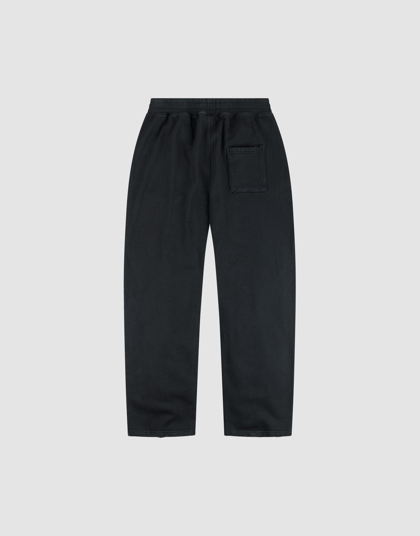 The LFDY Praying Jogger by LIVE FAST DIE YOUNG is shown laid flat on a light gray background, featuring a wide fit, elastic waistband, right-side back pocket, and a subtle Reißverschluss Puller detail for style.