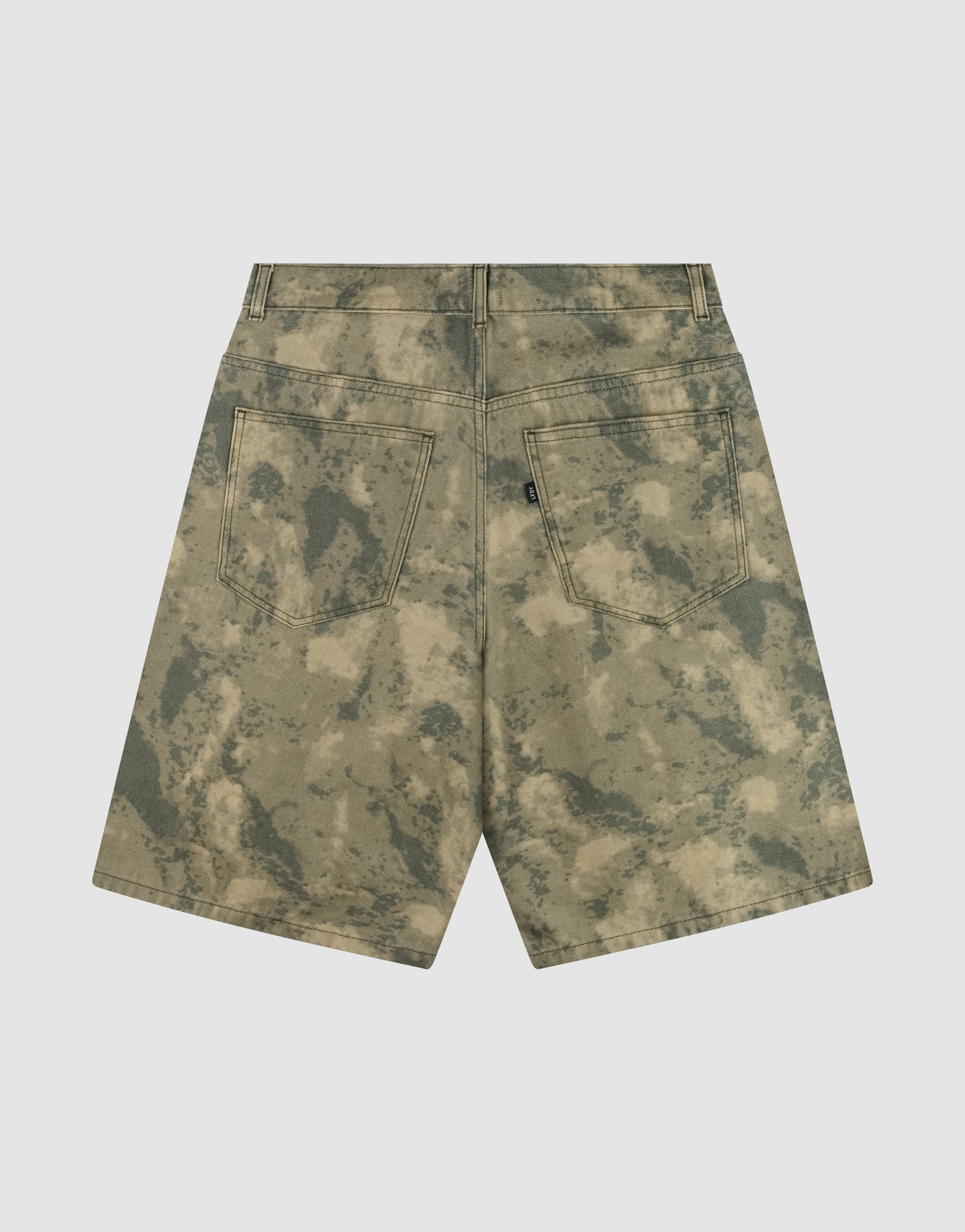 The LFDY Cargo Shorts by LIVE FAST DIE YOUNG feature a green and tan camo pattern, vintage look, oversize fit, 100% cotton fabric, belt loops, and two rear pockets. Shown against a plain white background.