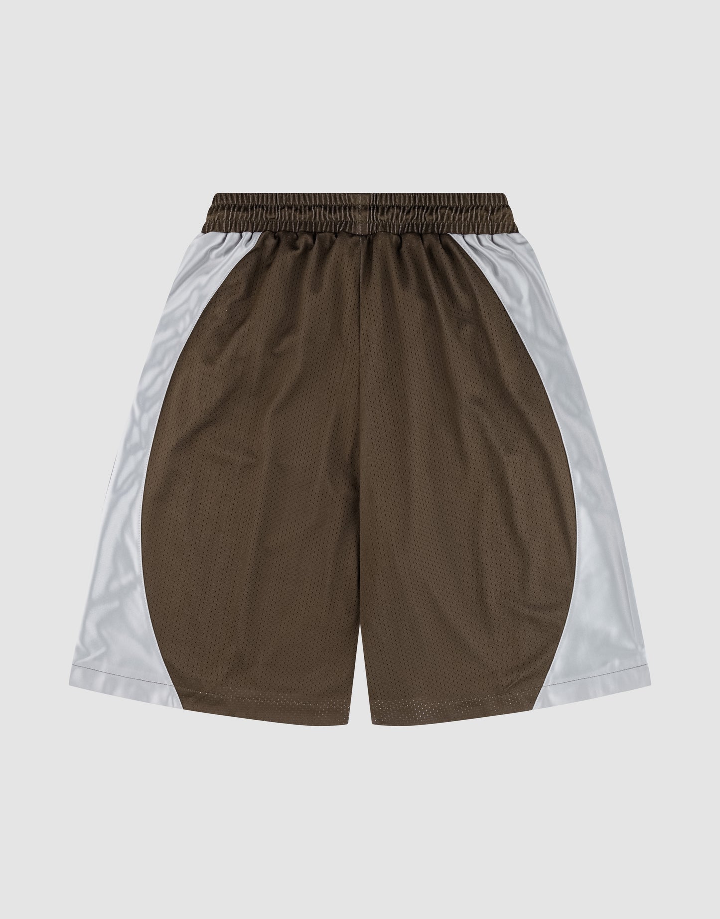 The LFDY League Shorts by LIVE FAST DIE YOUNG are brown polyester athletic shorts with an elastic waistband and white side panels, displayed flat on a plain light background.
