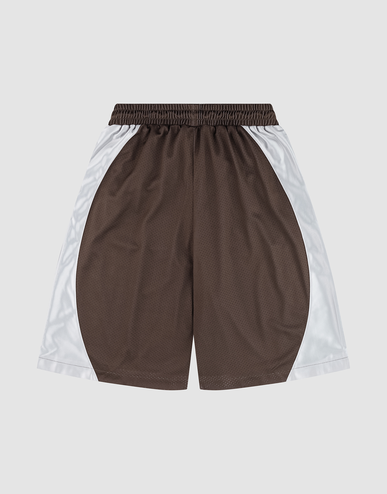 The LFDY League Shorts by LIVE FAST DIE YOUNG feature a brown center panel, white side panels, an elastic waistband, and shimmering fabric, shown on a plain light background.