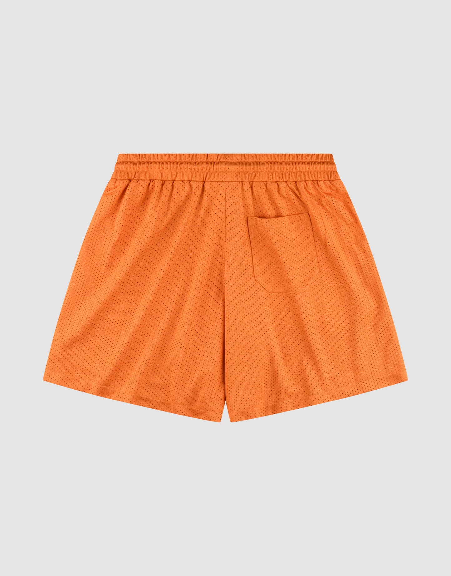 The LFDY Praying Mesh Shorts by LIVE FAST DIE YOUNG are orange regular-fit athletic shorts with an elastic waistband and single back pocket. Crafted from lightweight, breathable polyester, they're ideal for sports or casual wear and shown on a light gray background.