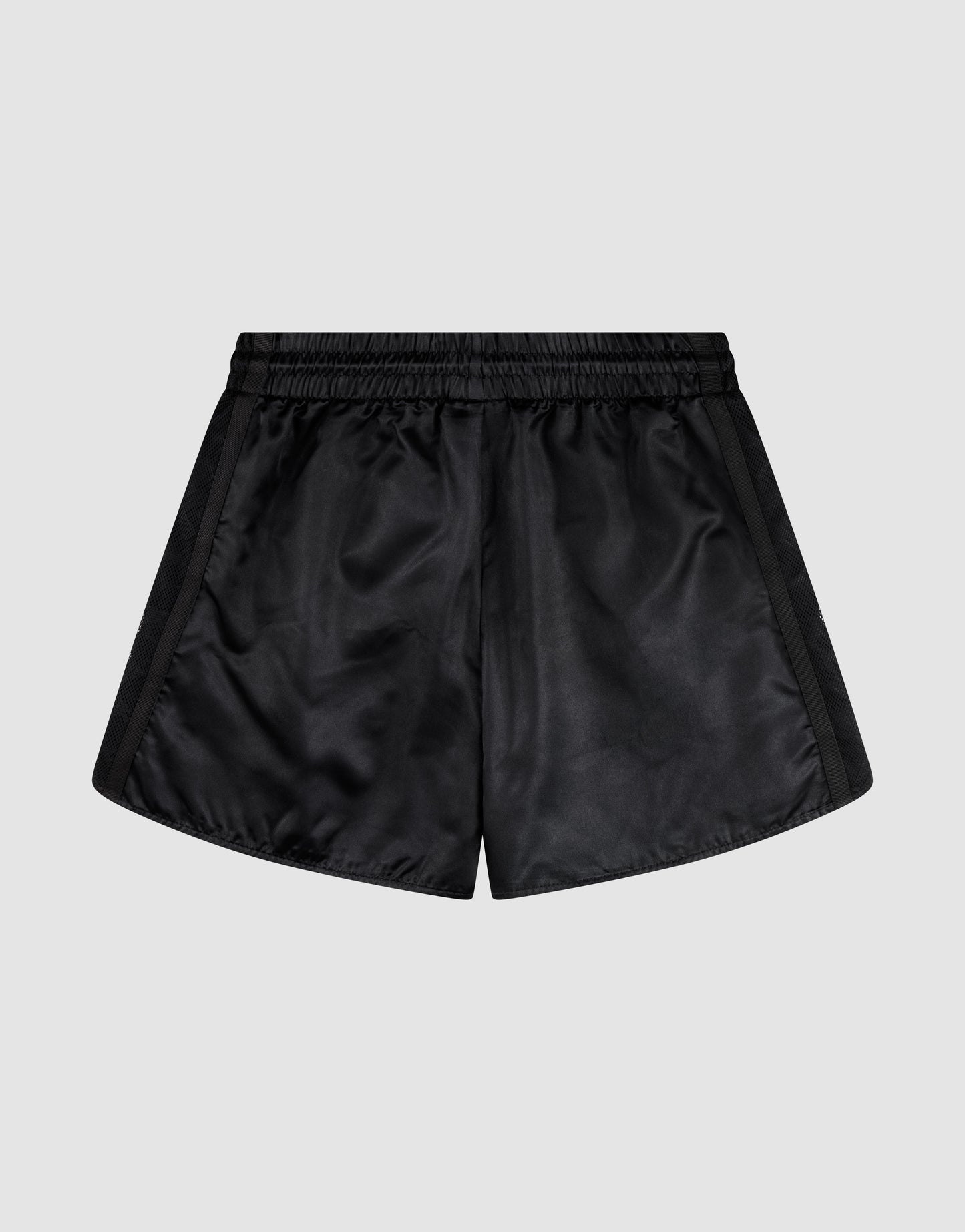 LFDY Fighting Shorts by LIVE FAST DIE YOUNG: Black satin, 100% polyester, with a breiter Elastikbund, subtle side stripes, seitliche Eingrifftaschen, and relaxed fit. Shown on a plain light grey background.
