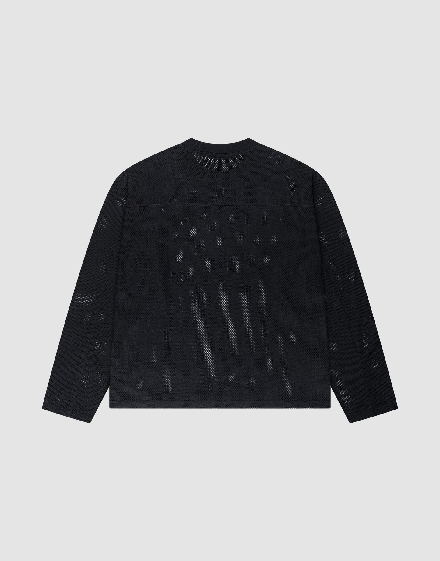 The LFDY Flash Jersey by LIVE FAST DIE YOUNG, a black, long-sleeve mesh shirt made from 100% polyester, is laid flat on a light grey background, showing its oversized fit and subtle see-through details from the back.
