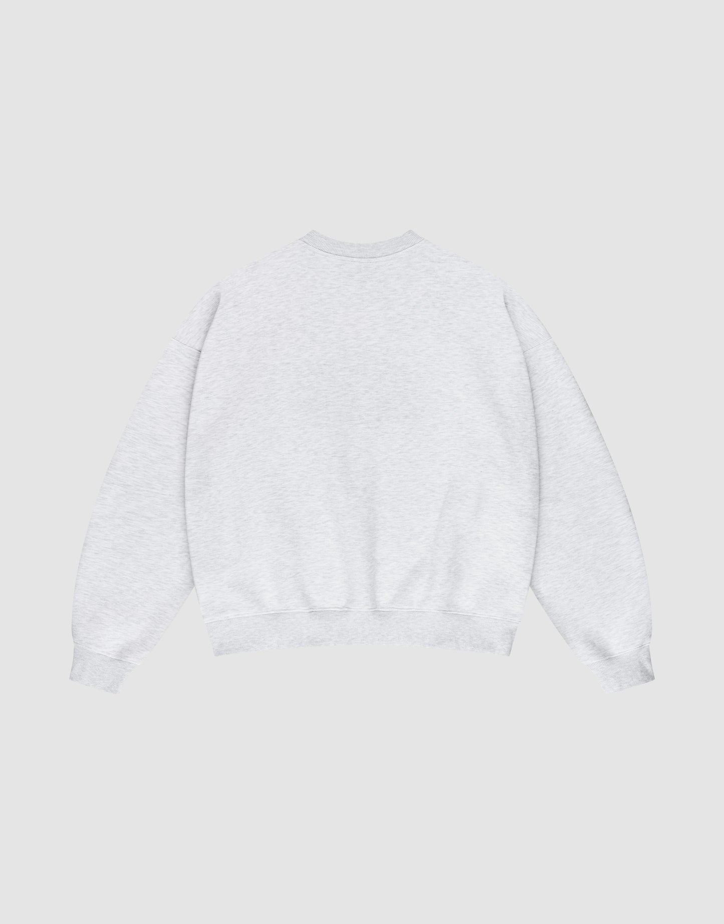 The LFDY Emblem Sweater by LIVE FAST DIE YOUNG is shown laid flat, back side up. It features a plain light gray design, long sleeves, ribbed cuffs and waistband, all set against a simple light background.