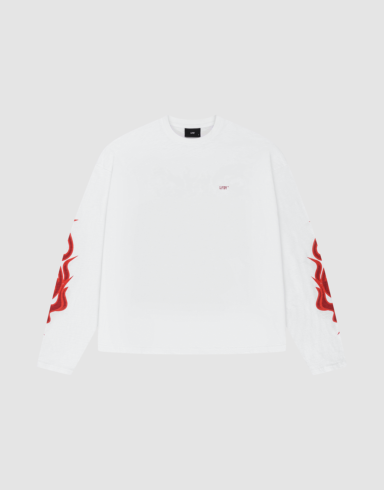 The LFDY We Walked Longsleeve by LIVE FAST DIE YOUNG is a white oversized 100% Baumwolle shirt featuring red flame graphics on both sleeves and small LITY text on the chest, shown on a plain light gray background.
