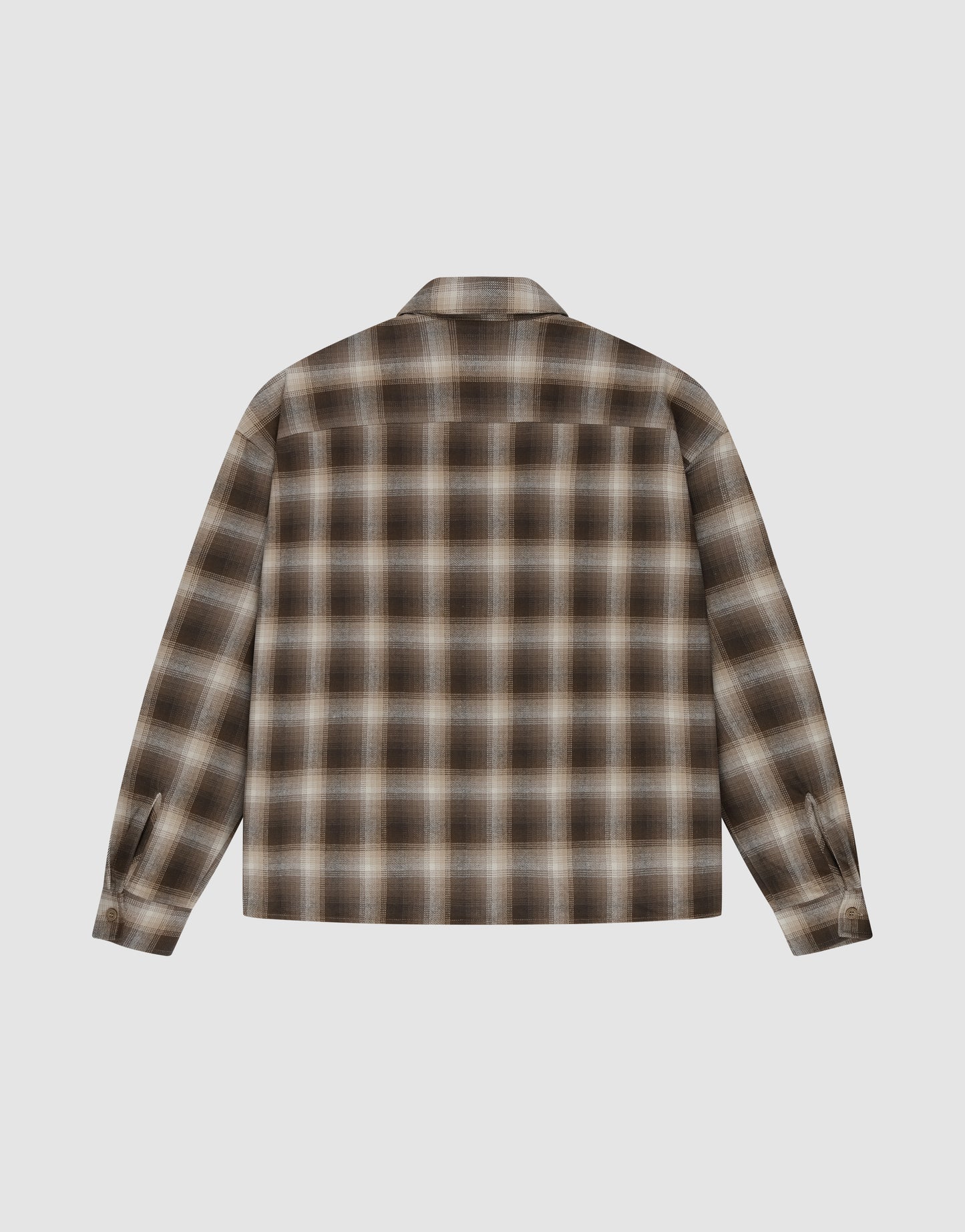 The LIVE FAST DIE YOUNG Vintage Flannel is a brown, beige, and black plaid long-sleeve shirt with an oversized fit, vintage wash, collar, and sleeve cuffs. The back is shown laid flat.
