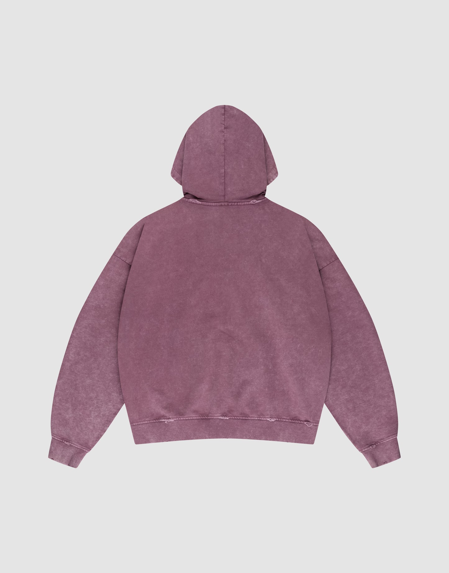 The Live Fast Rivet Hooded Zip by LIVE FAST DIE YOUNG is shown from the back, featuring an oversized acid-washed purple design with distressing, hood up and long sleeves spread against a light gray background.