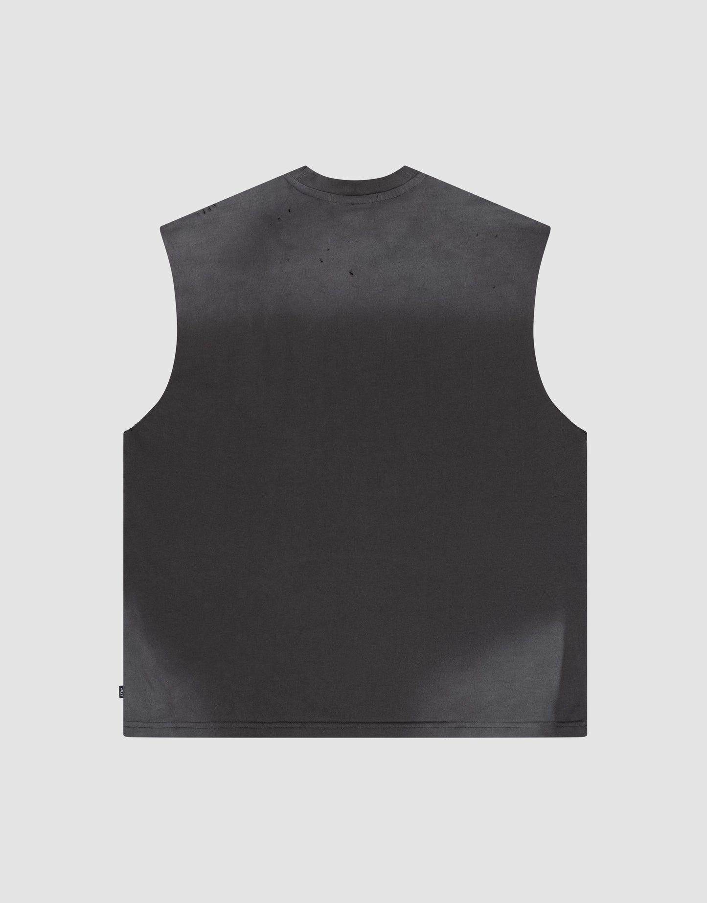 The LFDY Flames Muscle Shirt by LIVE FAST DIE YOUNG is a sleeveless, loose-fit dark gray top with an oversize fit and hand-crafted spray effect, shown from the back against a light gray background.