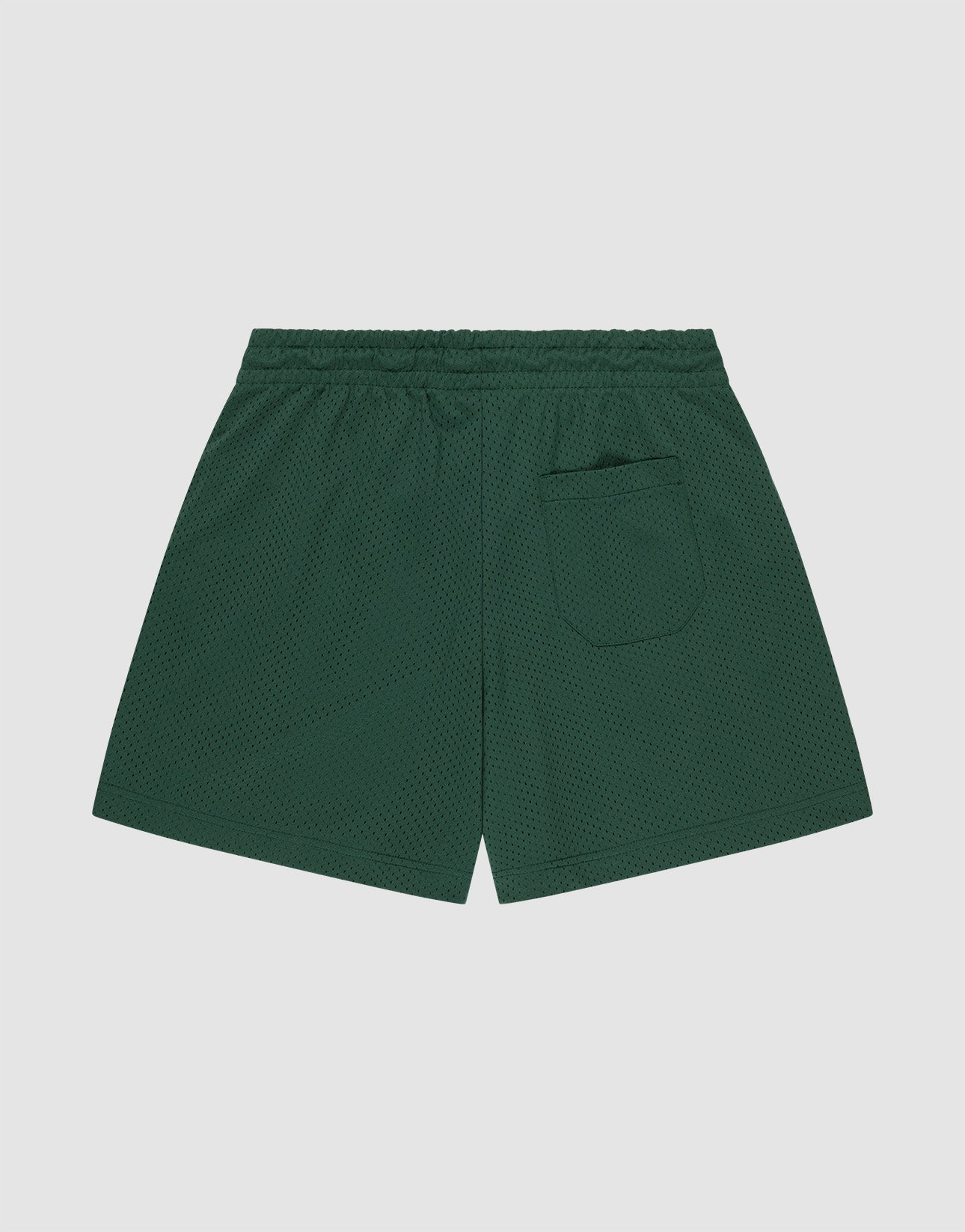 The LIVE FAST DIE YOUNG Basic Mesh Shorts in dark green feature a regular fit, elastic waistband, and single back pocket, shown flat on a plain white background.
