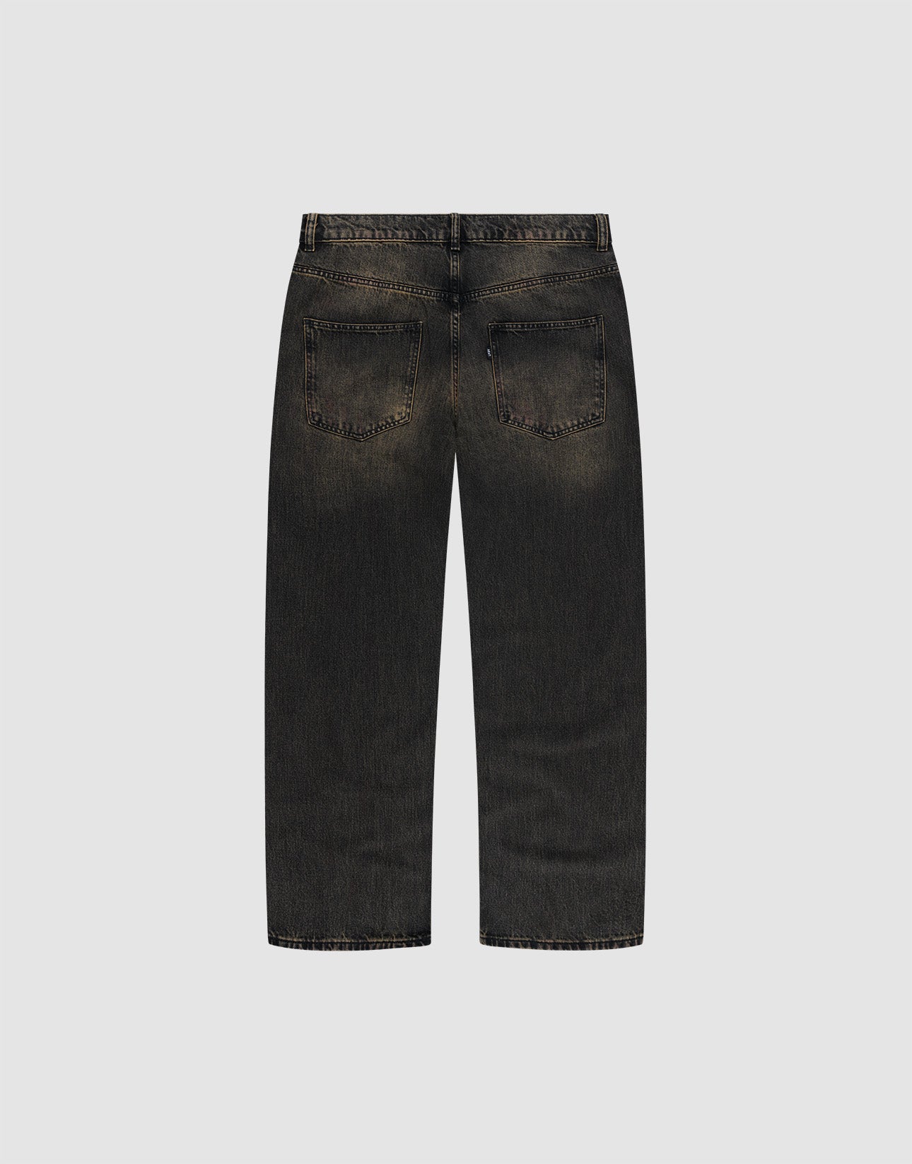 Back view of LFDY Baggy Denim by LIVE FAST DIE YOUNG in black, slightly faded 100% Baumwolle, featuring weites gerades Bein (wide straight leg), baggy fit, two rear pockets, and visible seams on a plain light gray background.