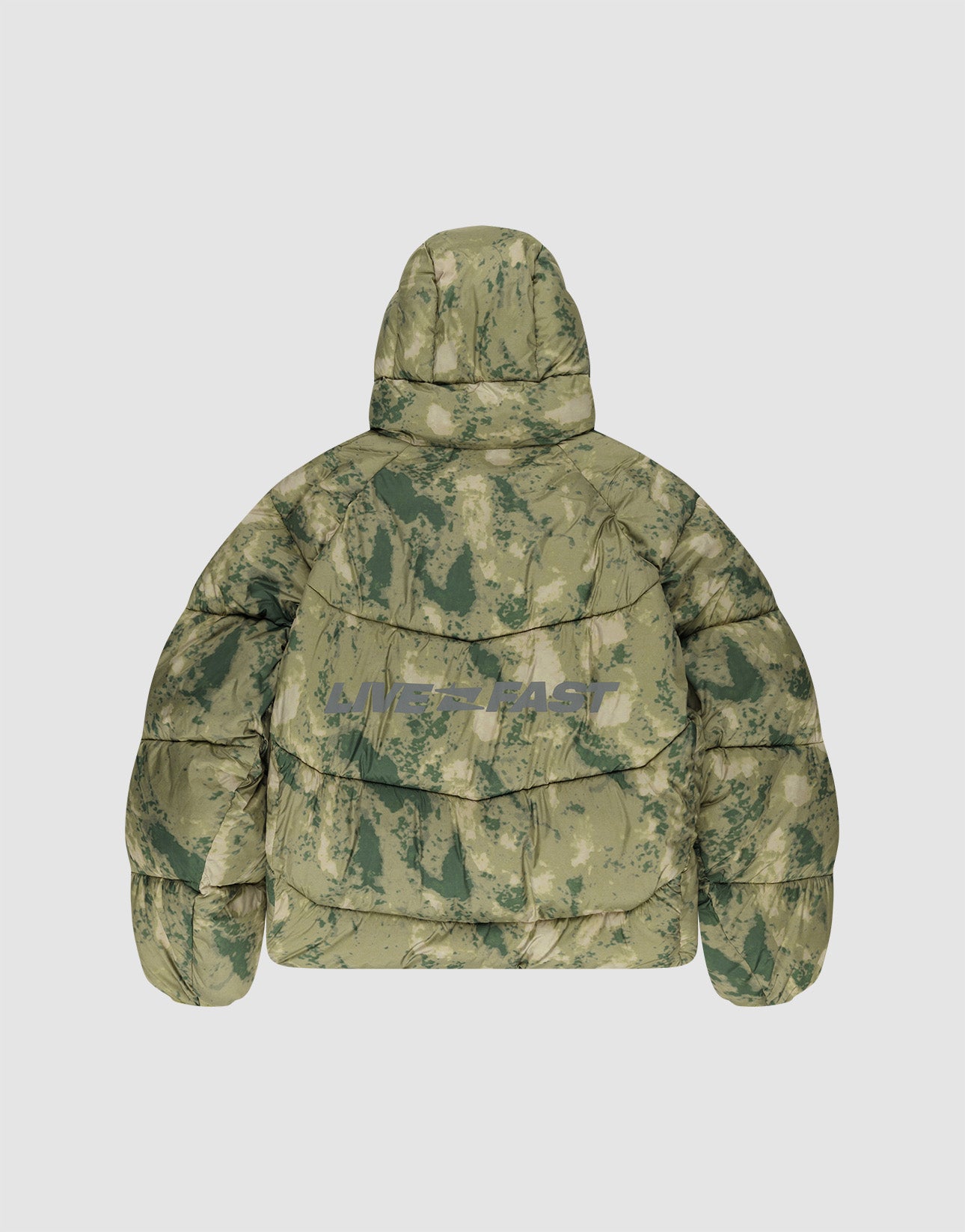 The Live Fast Puffer Jacket by LIVE FAST DIE YOUNG is a green camo Oversize Fit Jacke with a hood, shown from the back. A large flap with subtle reflective print enhances style and visibility.