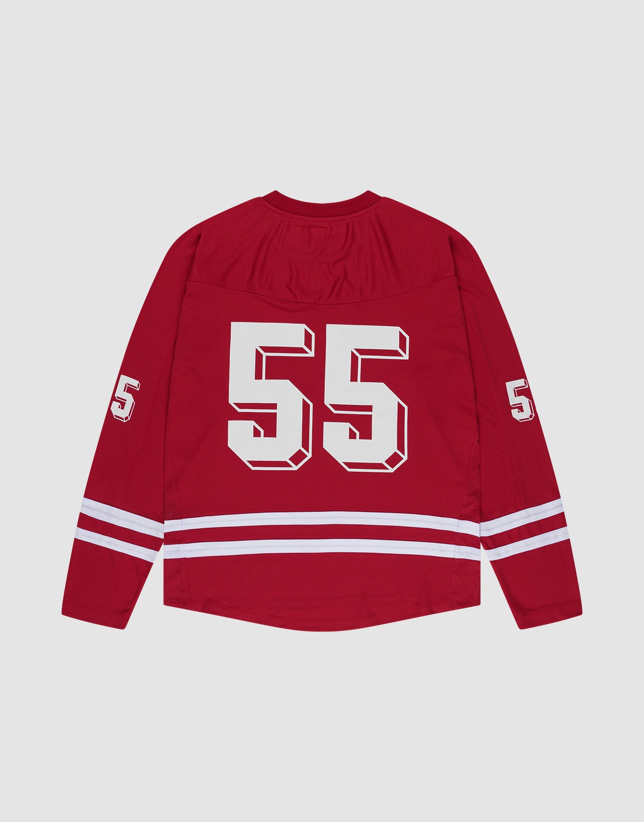 The LFDY Hockey Jersey by LIVE FAST DIE YOUNG is a red polyester oversize shirt with white sleeve and hem stripes, featuring large white "55" on the back and smaller "55" on both sleeves.