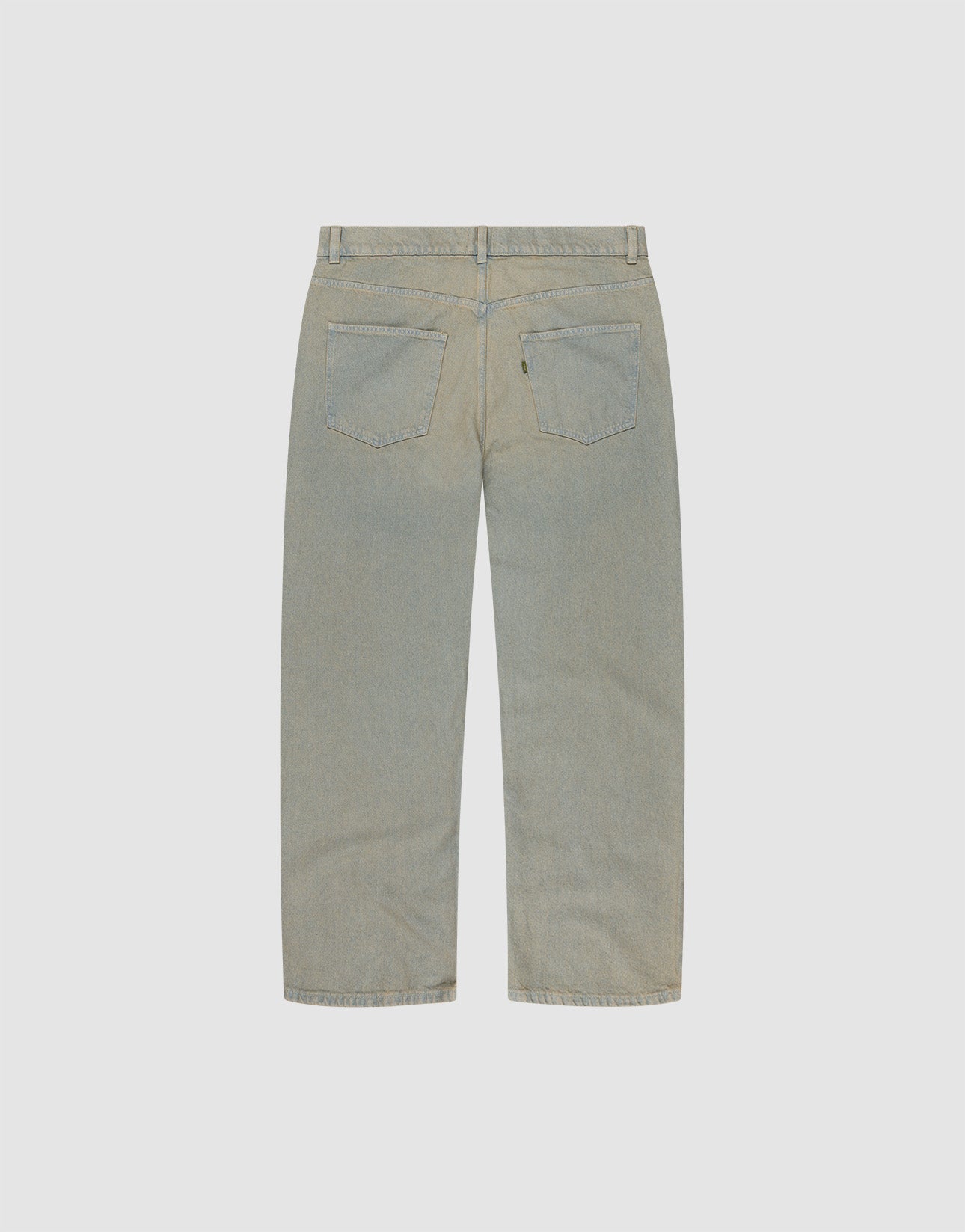 Back view of LFDY Baggy Denim by LIVE FAST DIE YOUNG, featuring a baggy fit, two back pockets, and wide straight leg in light-wash 100% cotton, shown on a plain white background.