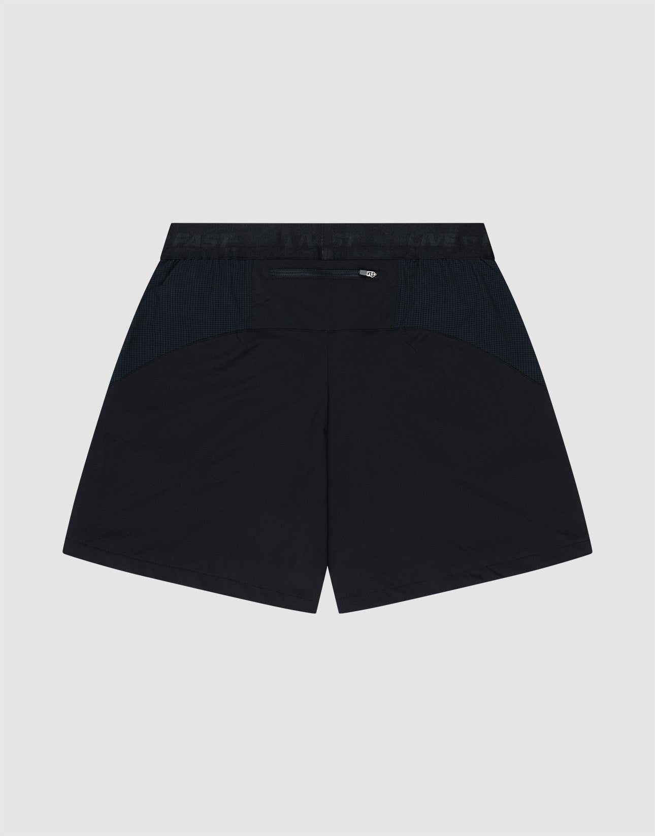 The LIVE FAST DIE YOUNG Live Fast Performance Shorts are shown from the back with a zippered waistband pocket, textured side panels, and an elastic waistband, set against a plain light gray background.