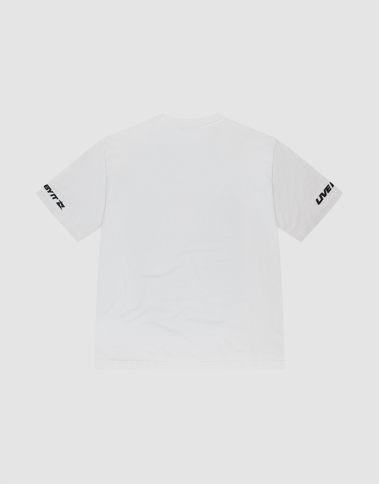 The LFDY Angel Tee by LIVE FAST DIE YOUNG is a plain white oversized short-sleeve t-shirt, shown from the back. Features black UNITY print on the left sleeve, UNIFY on the right, and is made from 100% Baumwolle for comfort.