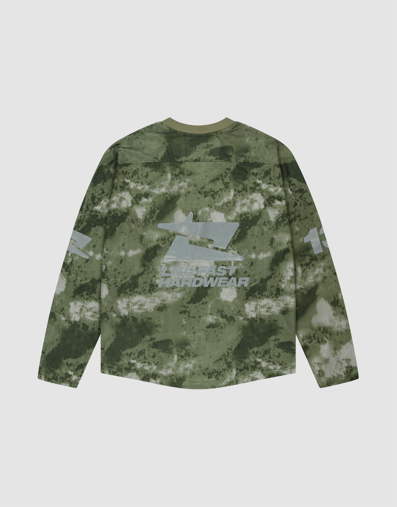 The LIVE FAST DIE YOUNG Camo Mesh Jersey features a green camo print, oversized fit, large tank graphic and BLAST HARDWEAR on the back, with bold white number 17 printed on both sleeves.