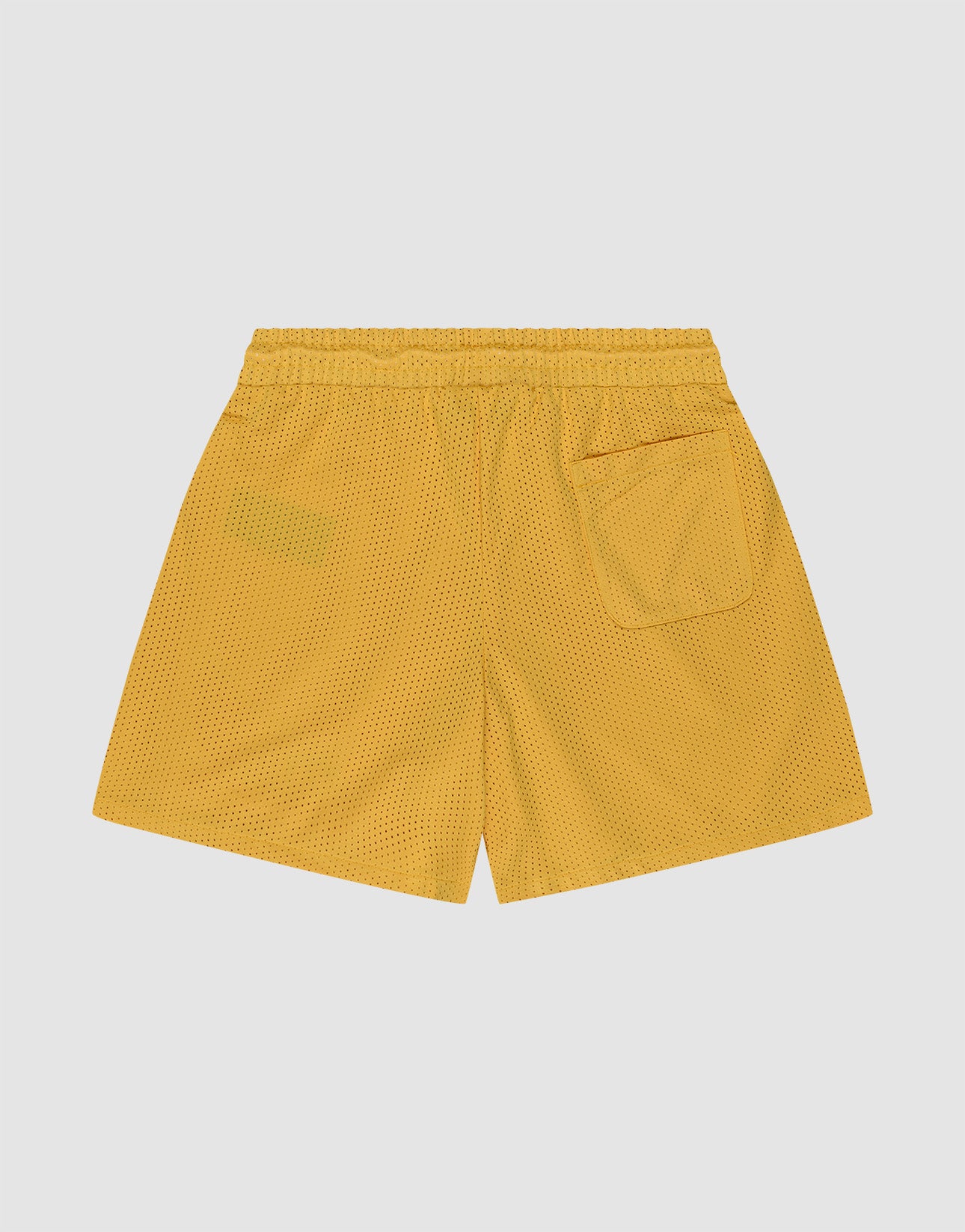 The LFDY Oval Mesh Shorts by LIVE FAST DIE YOUNG feature a regular fit, elastic waistband, single back pocket, and breathable yellow polyester mesh, shown against a plain white background.