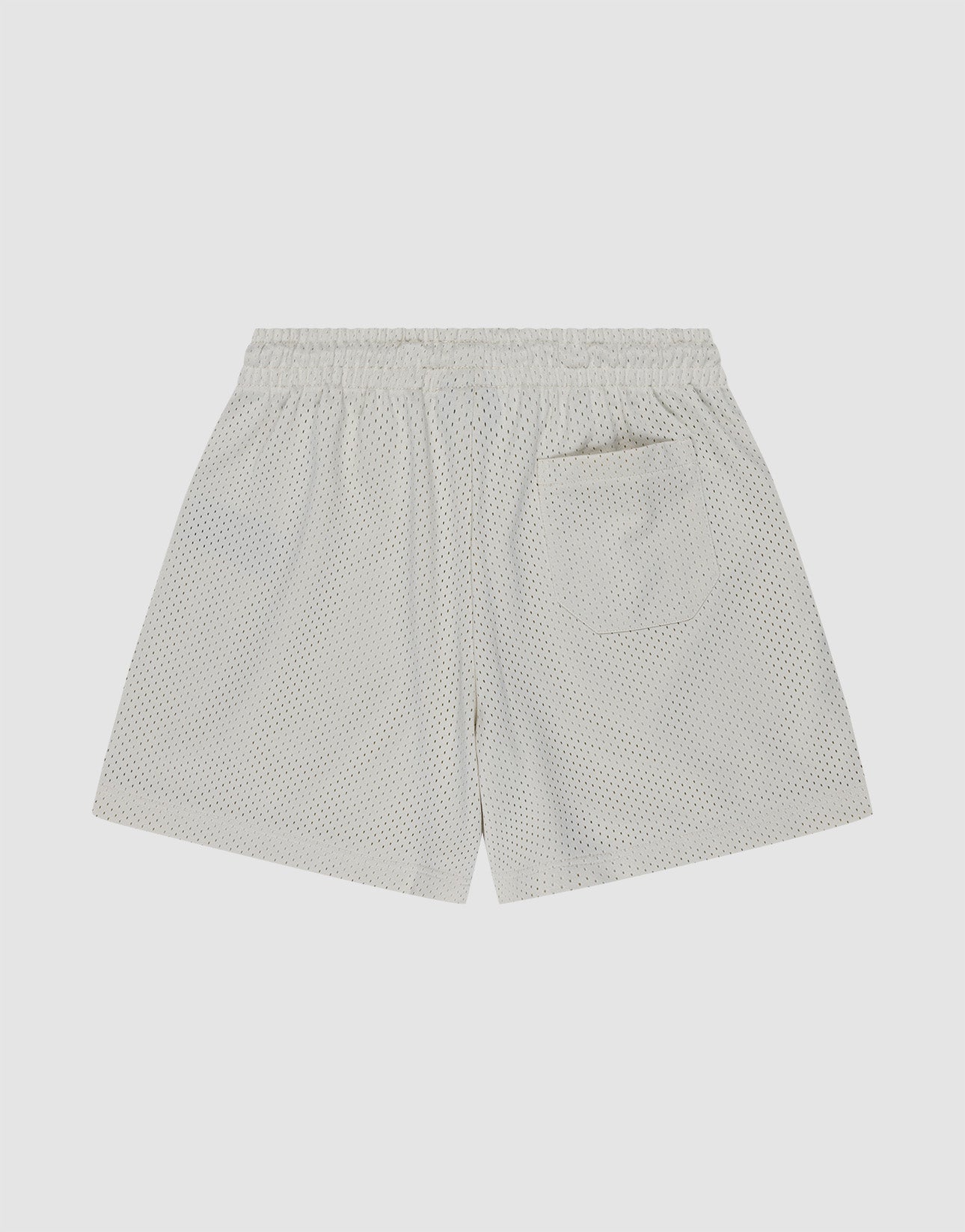 LIVE FAST DIE YOUNG Basic Mesh Shorts in light gray, crafted from 100% polyester athletic mesh, featuring a logo patch, elastic waistband, and single back pocket, shown on a plain white background.
