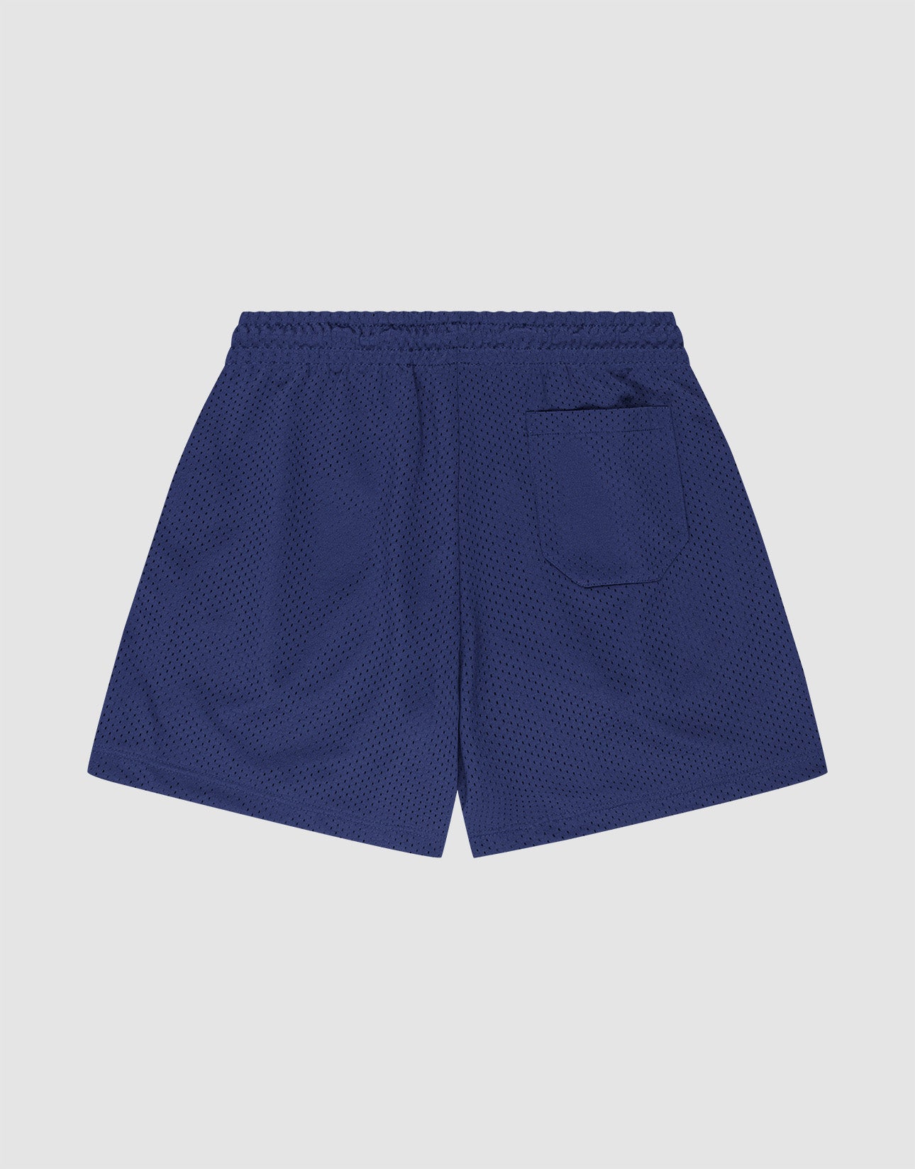 The LIVE FAST DIE YOUNG Basic Mesh Shorts feature a navy blue mesh texture, polyester fabric, regular fit, elastic waistband, and single back pocket, shown flat on a light gray background.