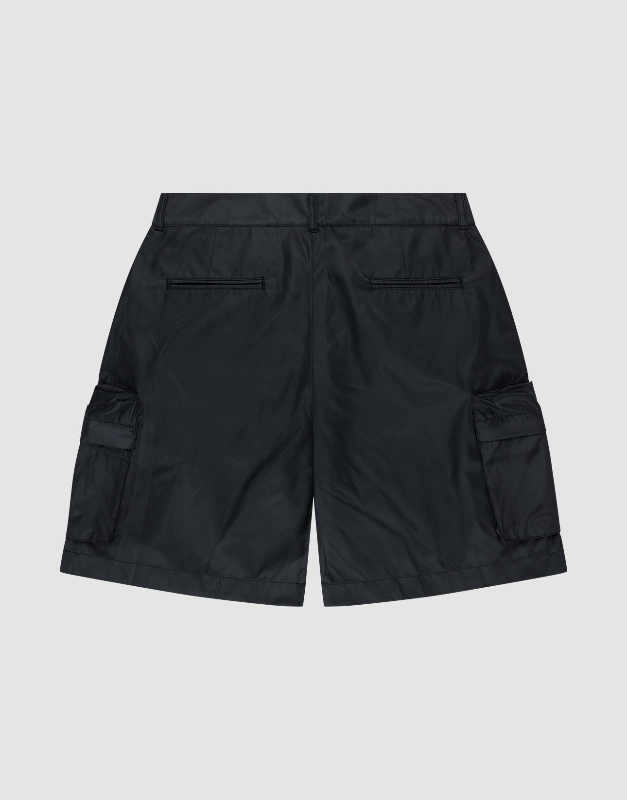 LIVE FAST DIE YOUNG Nylon Cargo Shorts in Regular Fit, shown from the back on a light grey background, featuring two back welt pockets and two large side cargo pockets.
