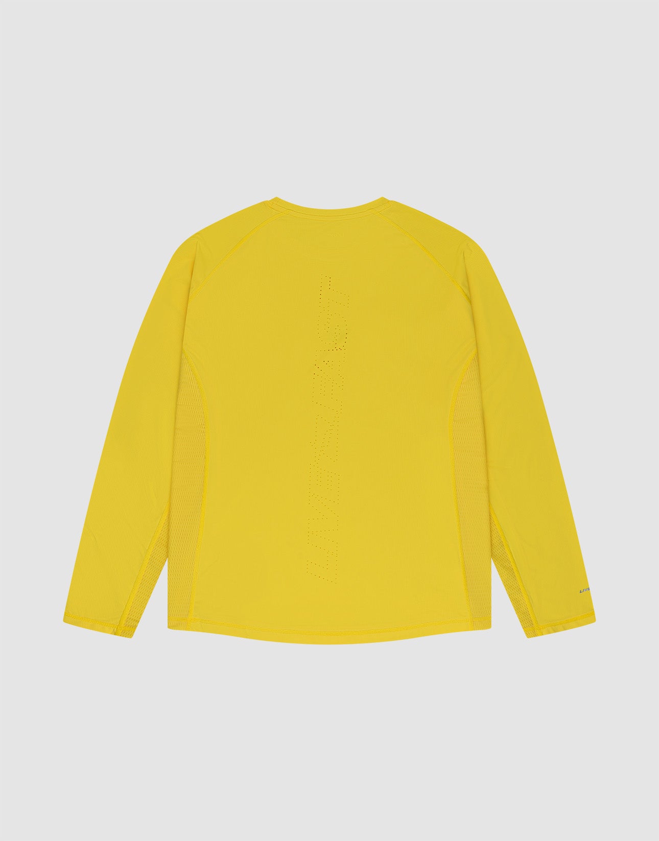 The LIVE FAST DIE YOUNG Live Fast Performance Longsleeve, a slim-fit, bright yellow athletic shirt with mesh side inserts, perforated text down the back, and a reflective front print, is shown on a flat light gray background.