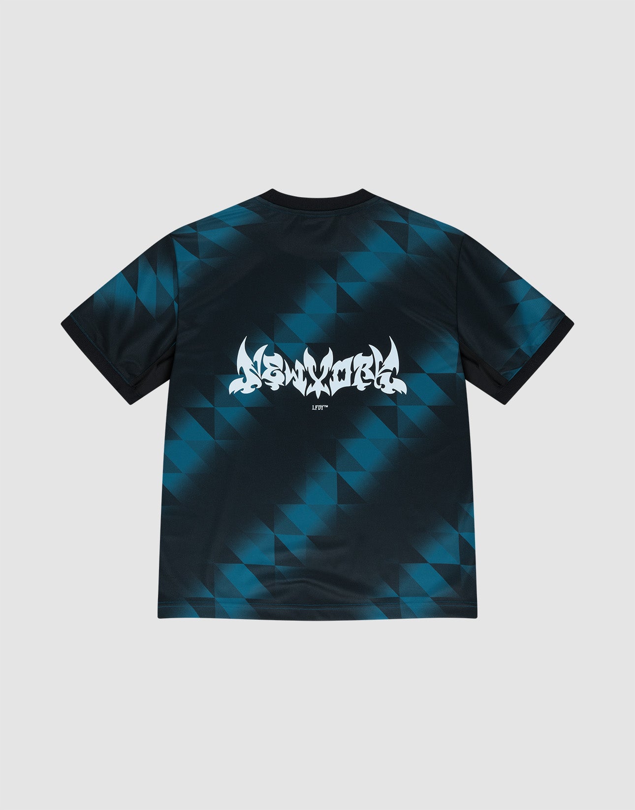 The Live Fast Jersey Tee by LIVE FAST DIE YOUNG is a regular fit football shirt made from 100% polyester, featuring blue and black triangular patterns, graffiti-style white text, and UNITY printed on the back.