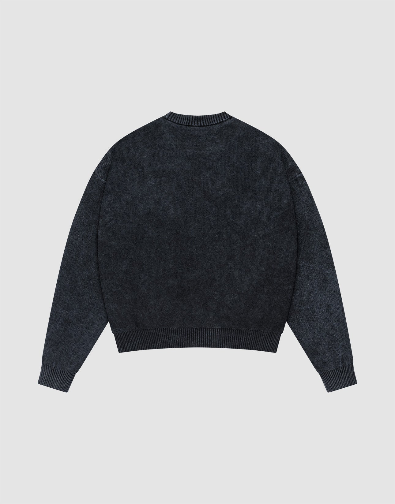 The LIVE FAST DIE YOUNG LFDY Savior Knit Sweater in dark gray is shown flat, back side up, on a light gray background, featuring long sleeves, a crewneck, and ribbed cuffs, hem, and collar with a Vintage Wash finish.