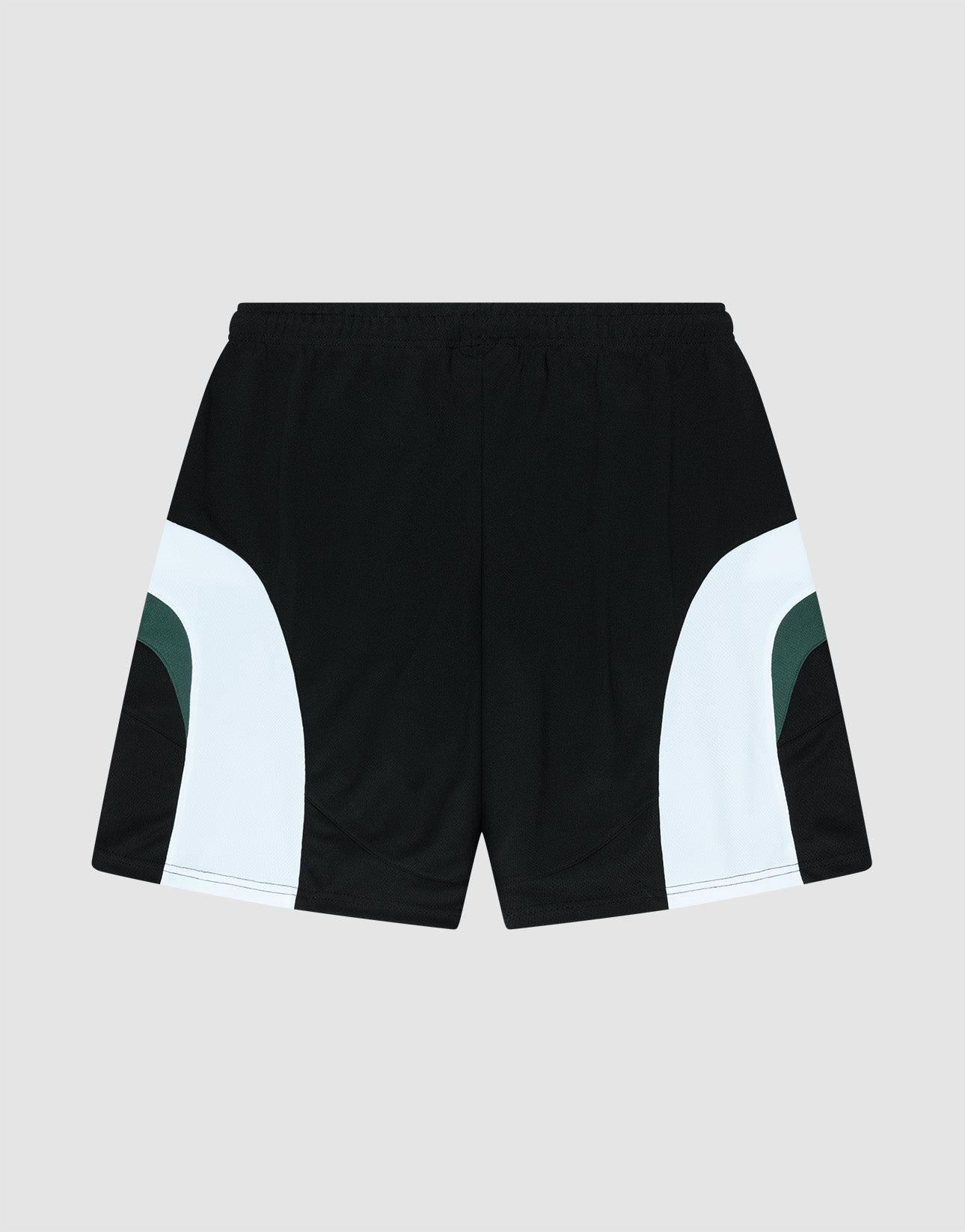 LIVE FAST DIE YOUNG Basic Trackshorts in black with white and dark green curved side panels, elastischer Bund for comfort, and subtle logo print, displayed flat on a light gray background.