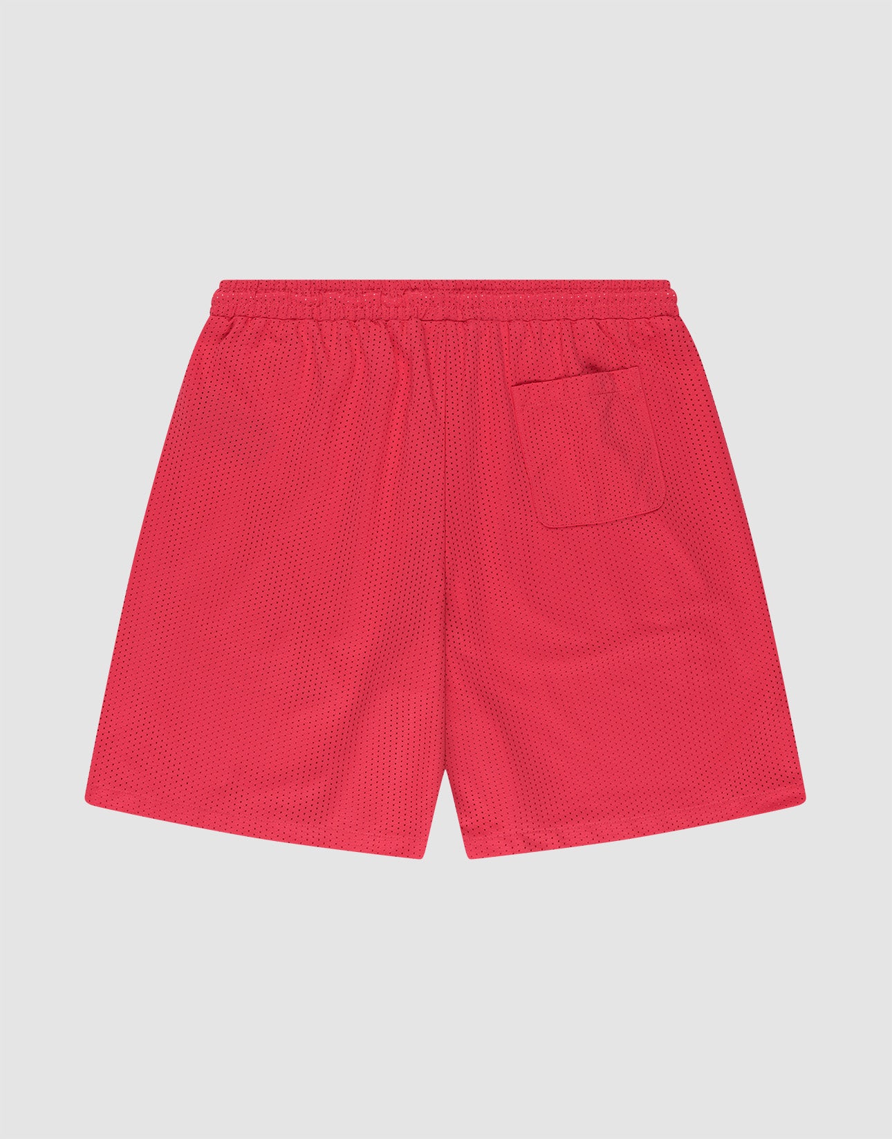 The LIVE FAST DIE YOUNG Live Fast IV Ever Shorts are red, oversized athletic shorts with an elastischer Bund, single back pocket, mesh-textured fabric, and a stylish Print am Bein, shown flat on a light gray background.