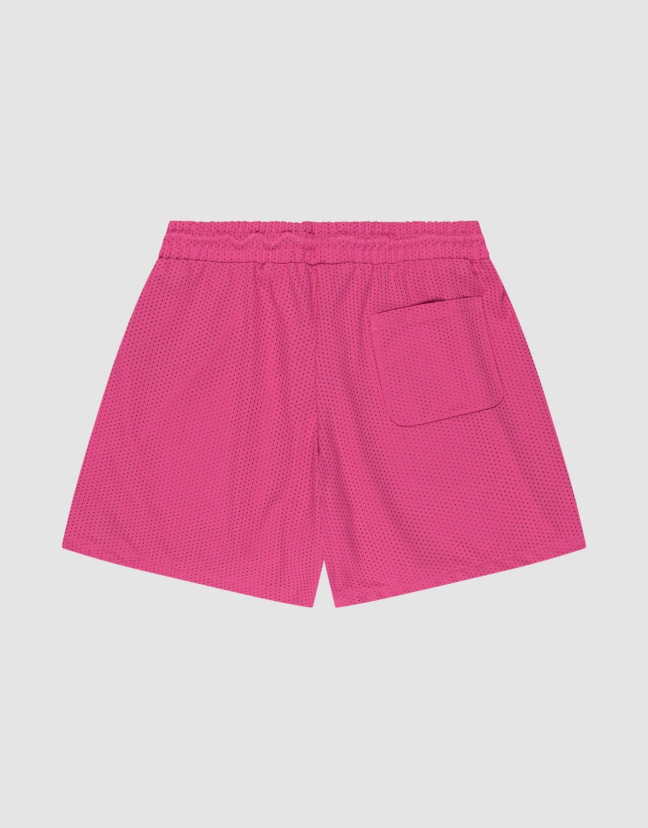 The LFDY Oval Mesh Shorts by LIVE FAST DIE YOUNG are bright pink, feature a regular fit, elastic waistband, and single back patch pocket, made from lightweight polyester and shown on a plain light background.