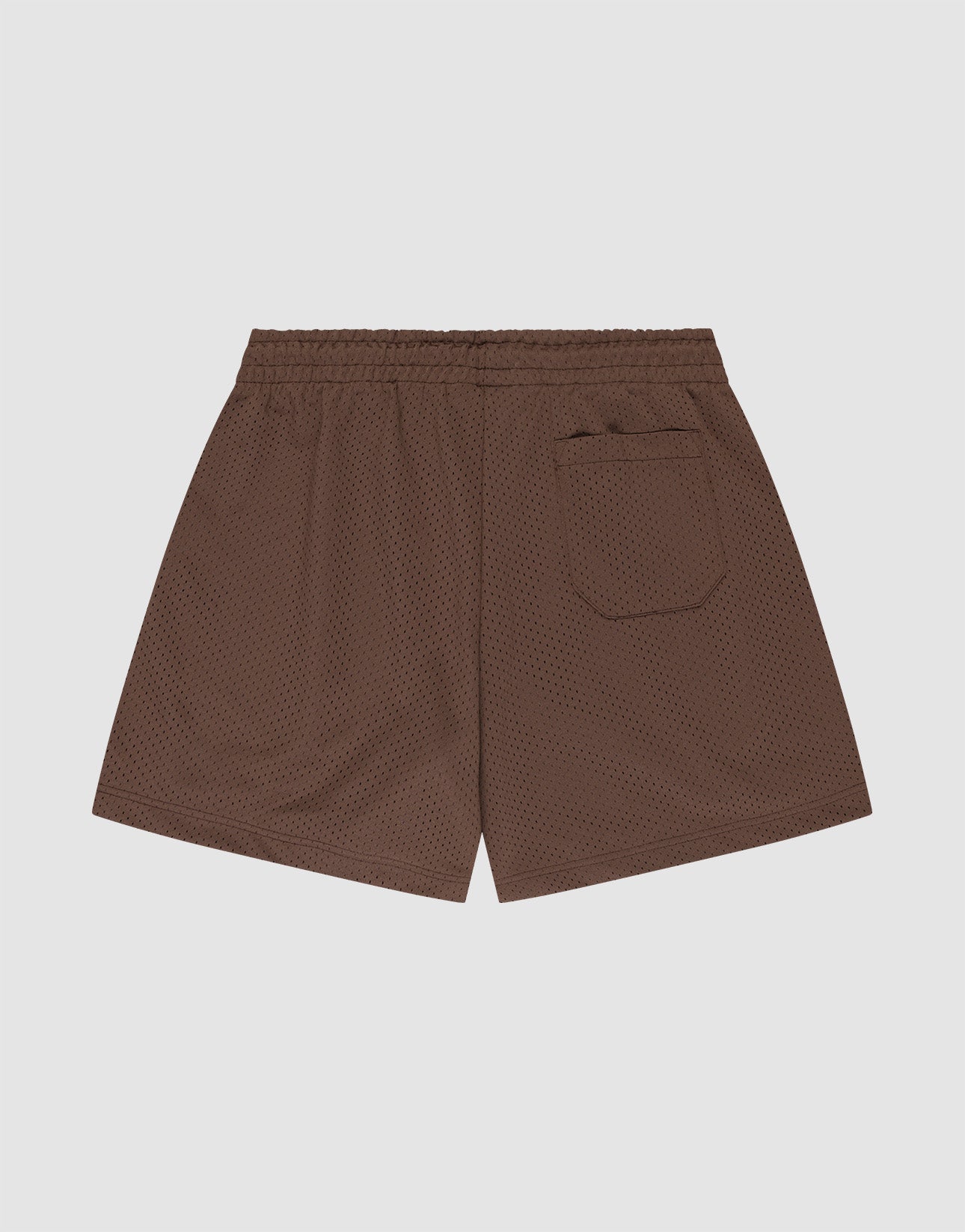 LIVE FAST DIE YOUNG Basic Mesh Shorts in brown, featuring Regular Fit, elastic waistband, and single back pocket. Displayed flat on a plain light background, 100% polyester, showing the back view.