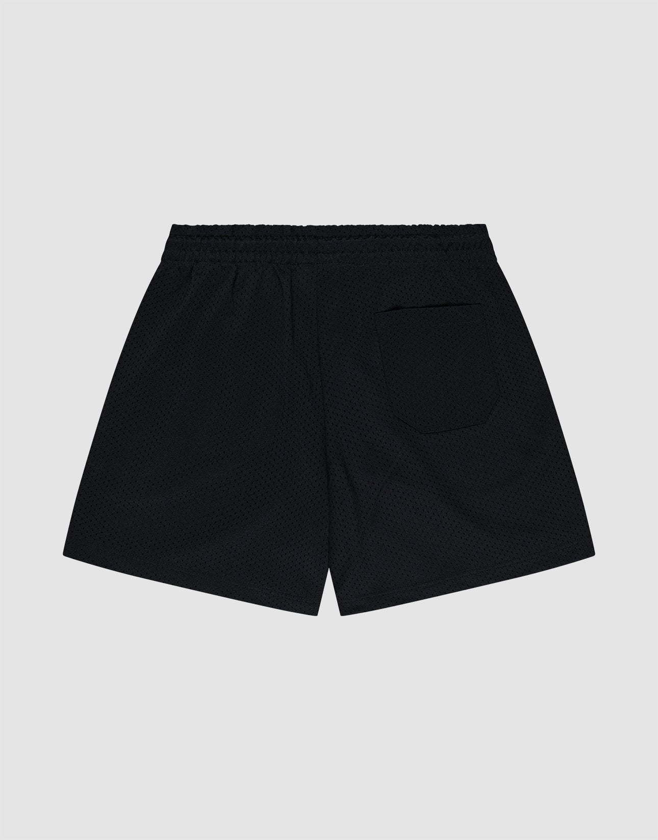 The LIVE FAST DIE YOUNG Basic Mesh Shorts are shown from the back against a plain light gray background. These regular fit black shorts feature a mesh texture, elastic waistband, right back pocket, and a subtle logo patch.