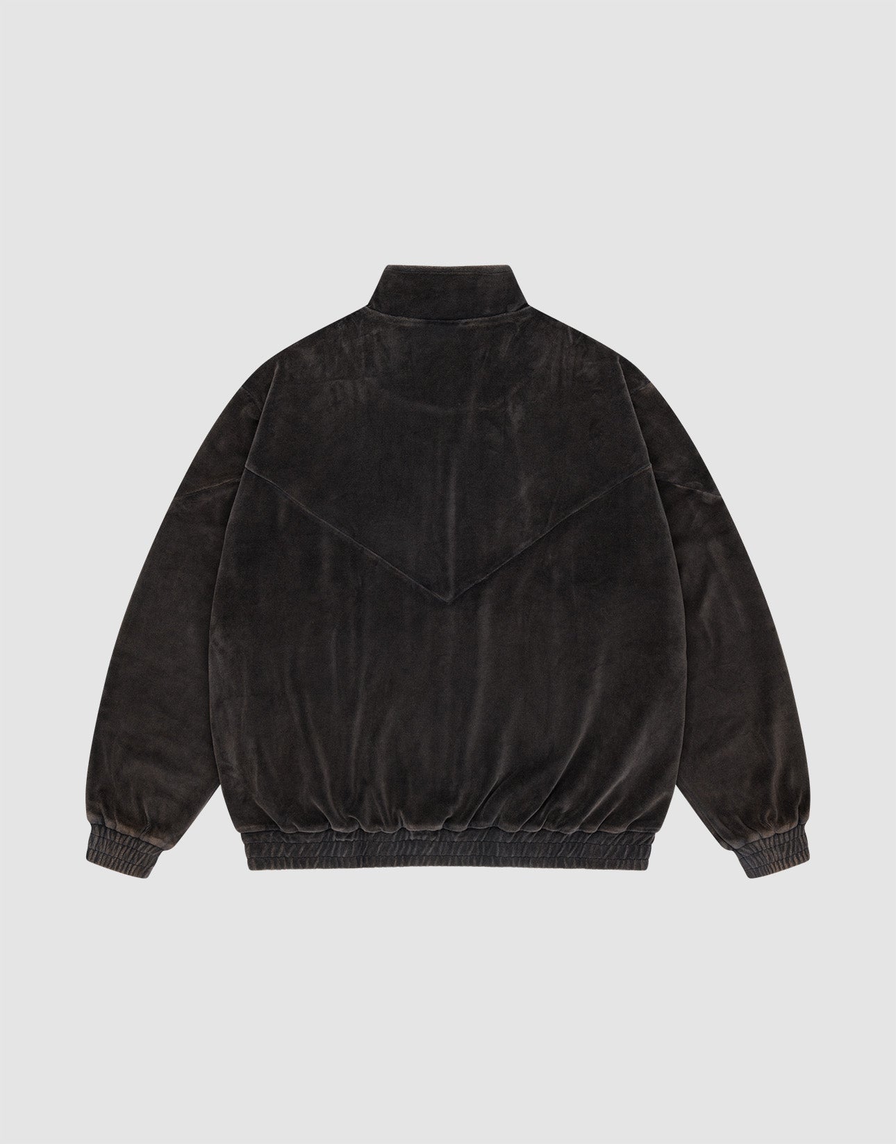 The LFDY Velour Jacket by LIVE FAST DIE YOUNG is a black velvet bomber with a stand-up collar, elastic cuffs and waistband, subtle V-shaped upper back seam, and an Oversize Fit for modern style—shown from the back.