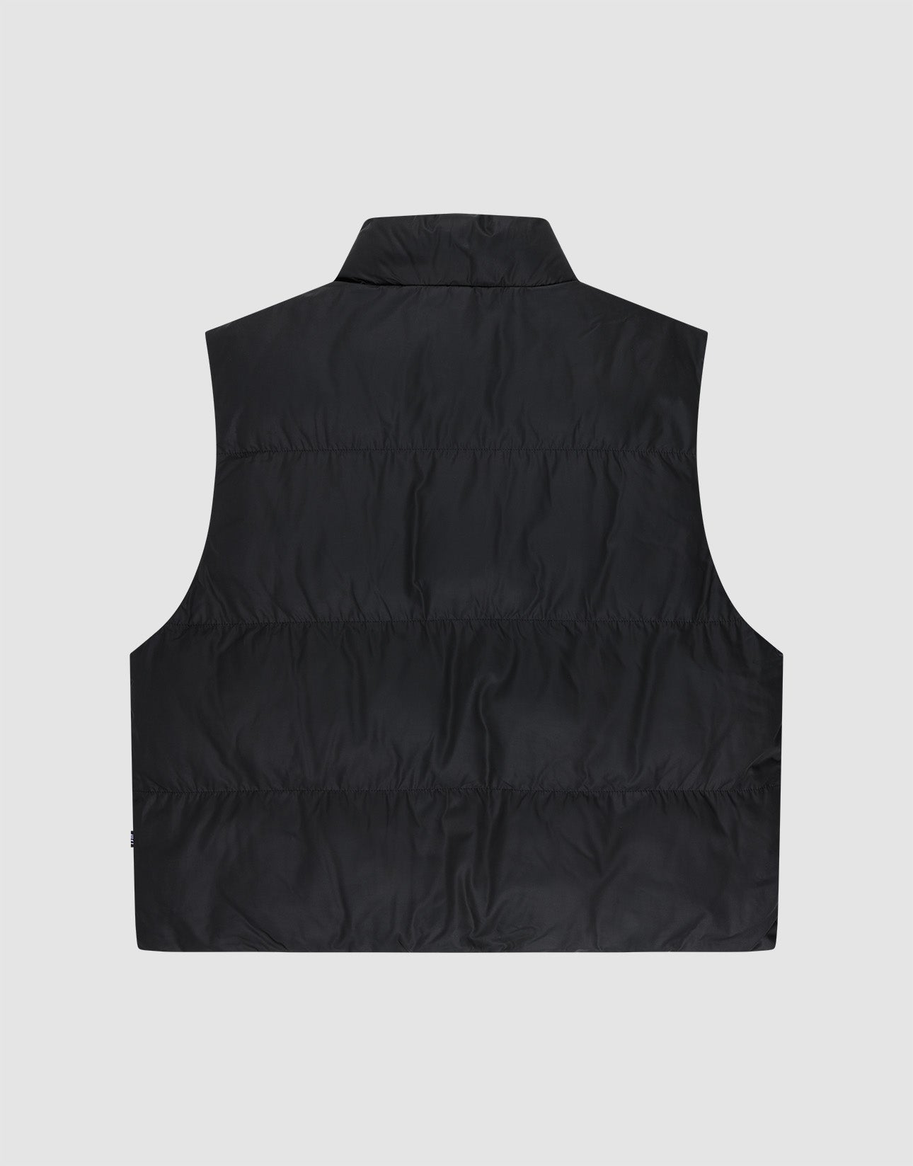The LIVE FAST DIE YOUNG Basic Cropped Vest is shown from the back, sleeveless and black with a high collar, large pockets, and horizontal stitching, in Regular Fit, laid flat on a light grey background.