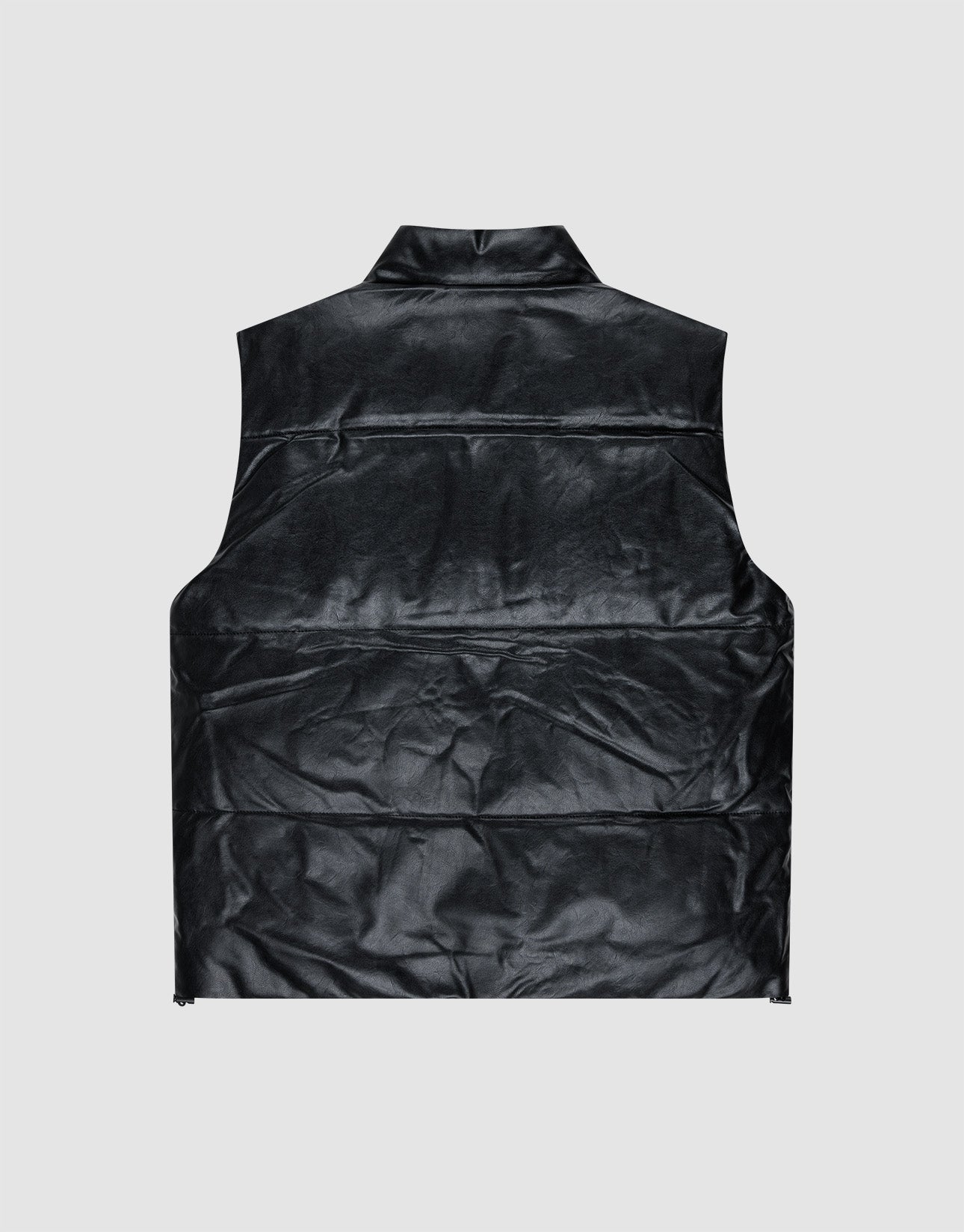 A black, sleeveless Padded Vest by LIVE FAST DIE YOUNG is displayed from the back against a plain light gray background. The regular fit vest has horizontal quilting and a short stand-up collar for extra style.