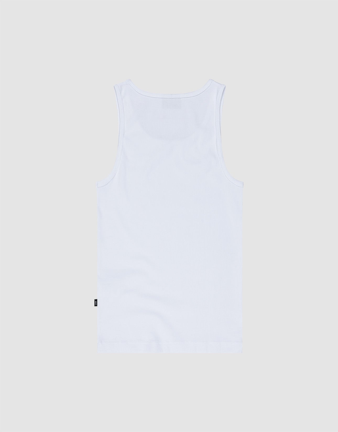 The LIVE FAST DIE YOUNG Blank Rib Tank is a slim fit, plain white sleeveless top made from soft cotton, shown flat on a light gray background and viewed from the back.