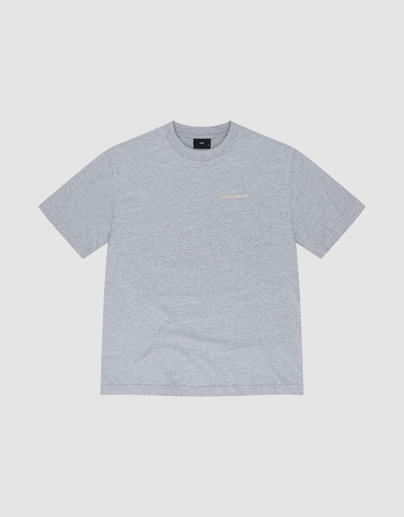 The LFDY Hardwear Tee by LIVE FAST DIE YOUNG is a soft light gray short-sleeved Baumwolle shirt with a small white or light "LIVE FAST" Pufferprint on the left chest, shown flat on a white background.