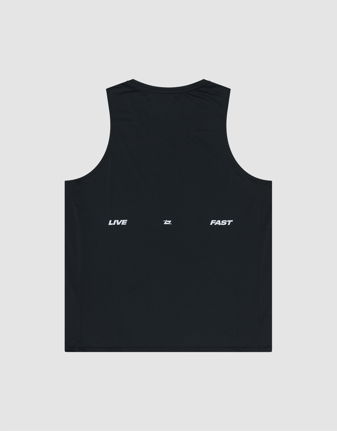 The LIVE FAST DIE YOUNG Live Fast Performance Tank is a black, slim fit sleeveless top with soft fabric and "LIVE" and "FAST" in white capitals, separated by a small symbol, printed on the upper back.
