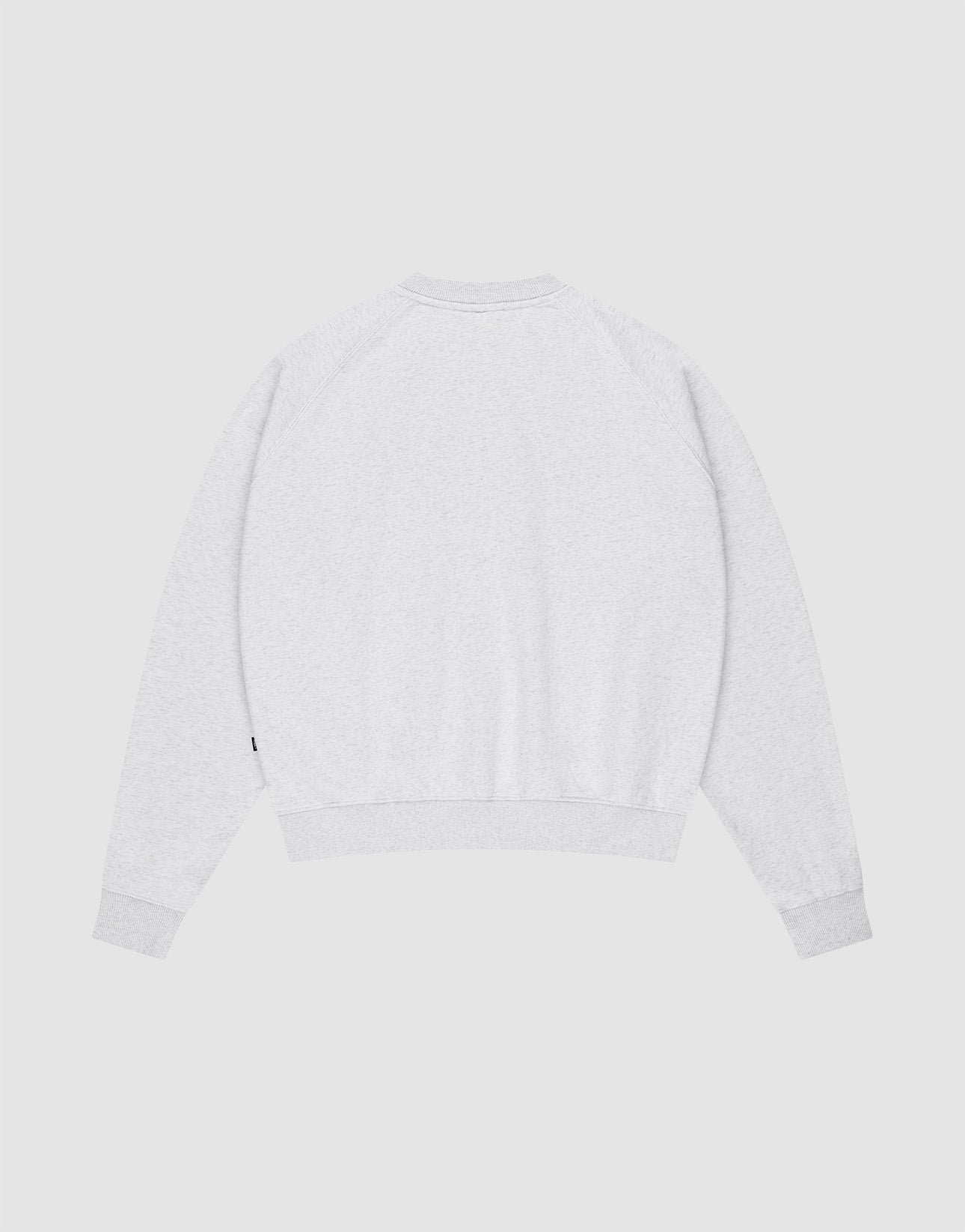 The DY Sweater by LIVE FAST DIE YOUNG is a plain light gray oversized crewneck with raglan sleeves, ribbed cuffs, and waistband, shown laid flat from the back.