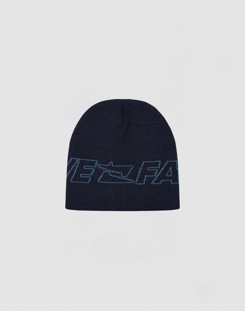 The Live Fast Jacquard Beanie by LIVE FAST DIE YOUNG is a dark blue knit in soft Polyacryl, featuring a light blue large Logo Strick Outline on the front. Model: LF2410-16487. Displayed on a plain light gray background.