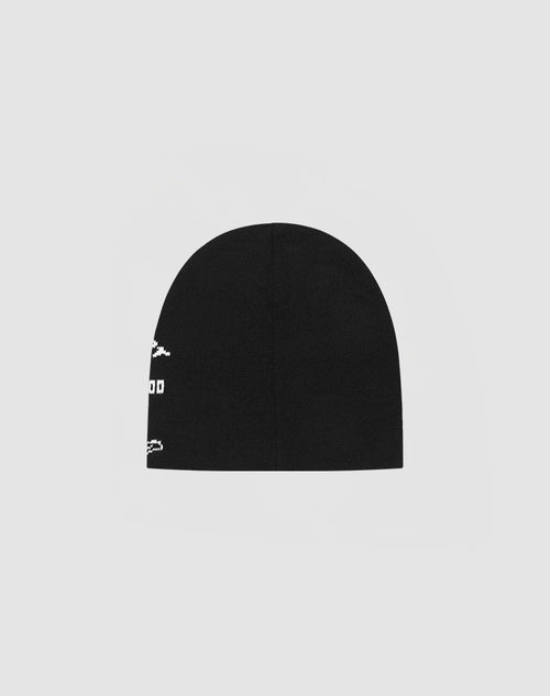 The LFDY Praying Beanie by LIVE FAST DIE YOUNG, made from soft polyacryl, is shown in black on a plain light gray background, side view. Minimalist design with one-size-fits-most fit.