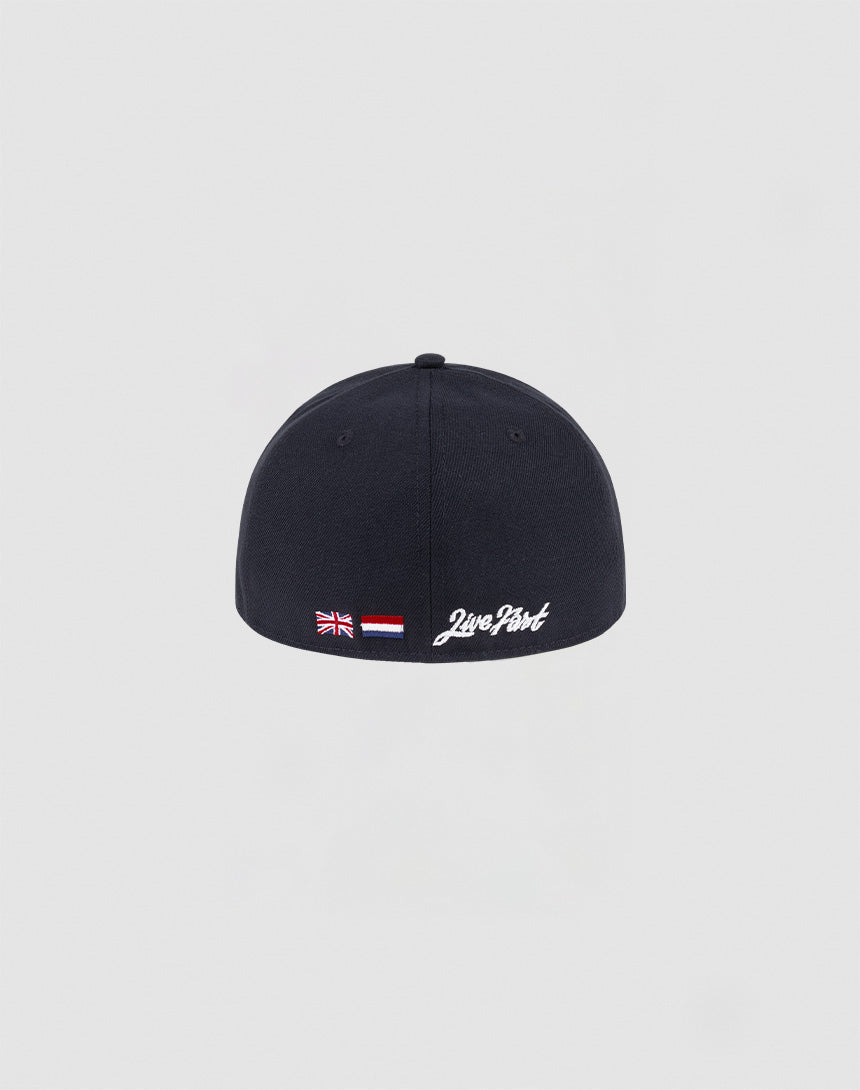 A black LFDY x NEW ERA 59FIFTY Low Profile fitted cap by LIVE FAST DIE YOUNG, shown from the back, with embroidered British and Indonesian flags plus white Live Fast text along the lower edge. Background is plain light gray.