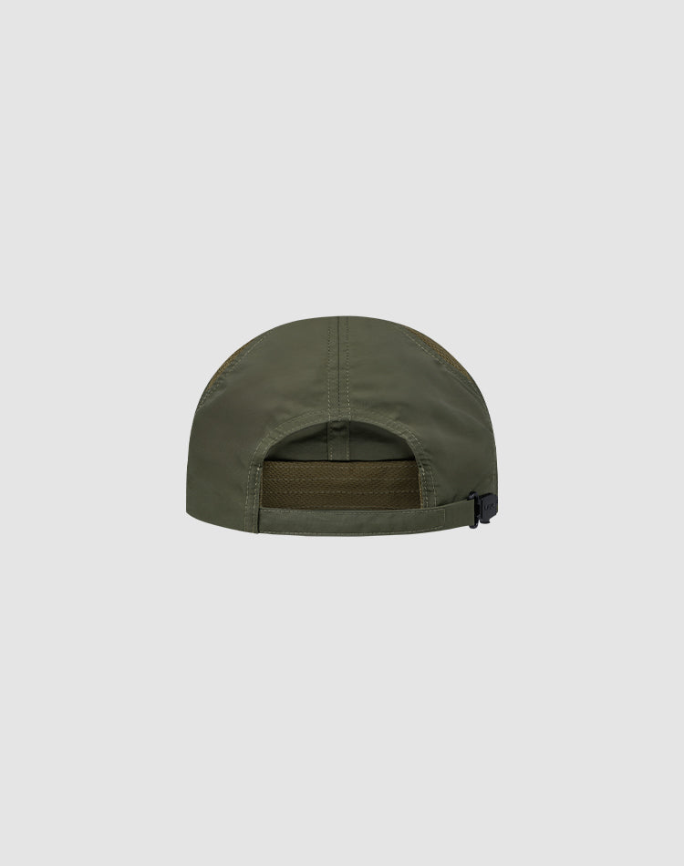 Rear view of the LFDY Performance Cap by LIVE FAST DIE YOUNG in olive green nylon, with a fabric strap, black plastic buckle, and geometric ventilation holes, set against a plain light gray background.