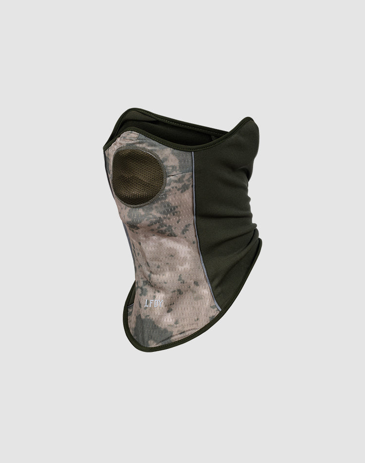 The LFDY Running Mask by LIVE FAST DIE YOUNG is a 100% polyester balaclava with a camouflage pattern, mesh side ventilation panel, and reflective piping for visibility, shown on a plain light grey background.
