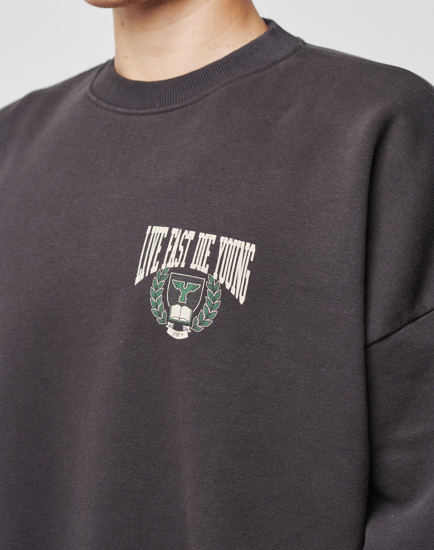 Wearing the LIVE FAST DIE YOUNG Live Fast Die Young Chest Sweater, featuring a bold chest print above a bullās head and laurel wreath graphic with vintage effect; the personās face is partially out of frame.